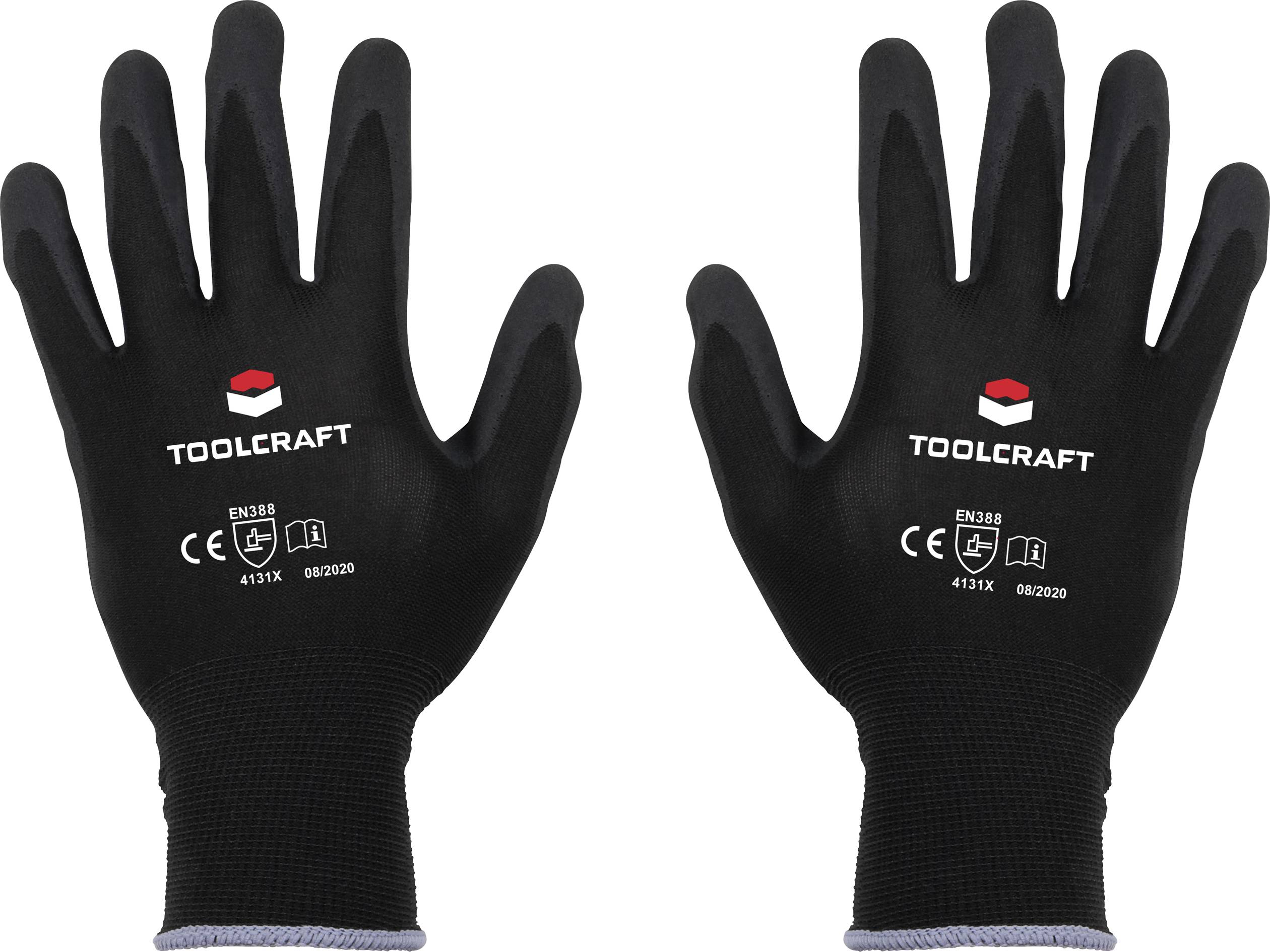 Zwei schwarze Arbeitshandschuhe mit dem Logo 'TOOLCRAFT' und Sicherheitszertifizierungen auf den Handflächen.