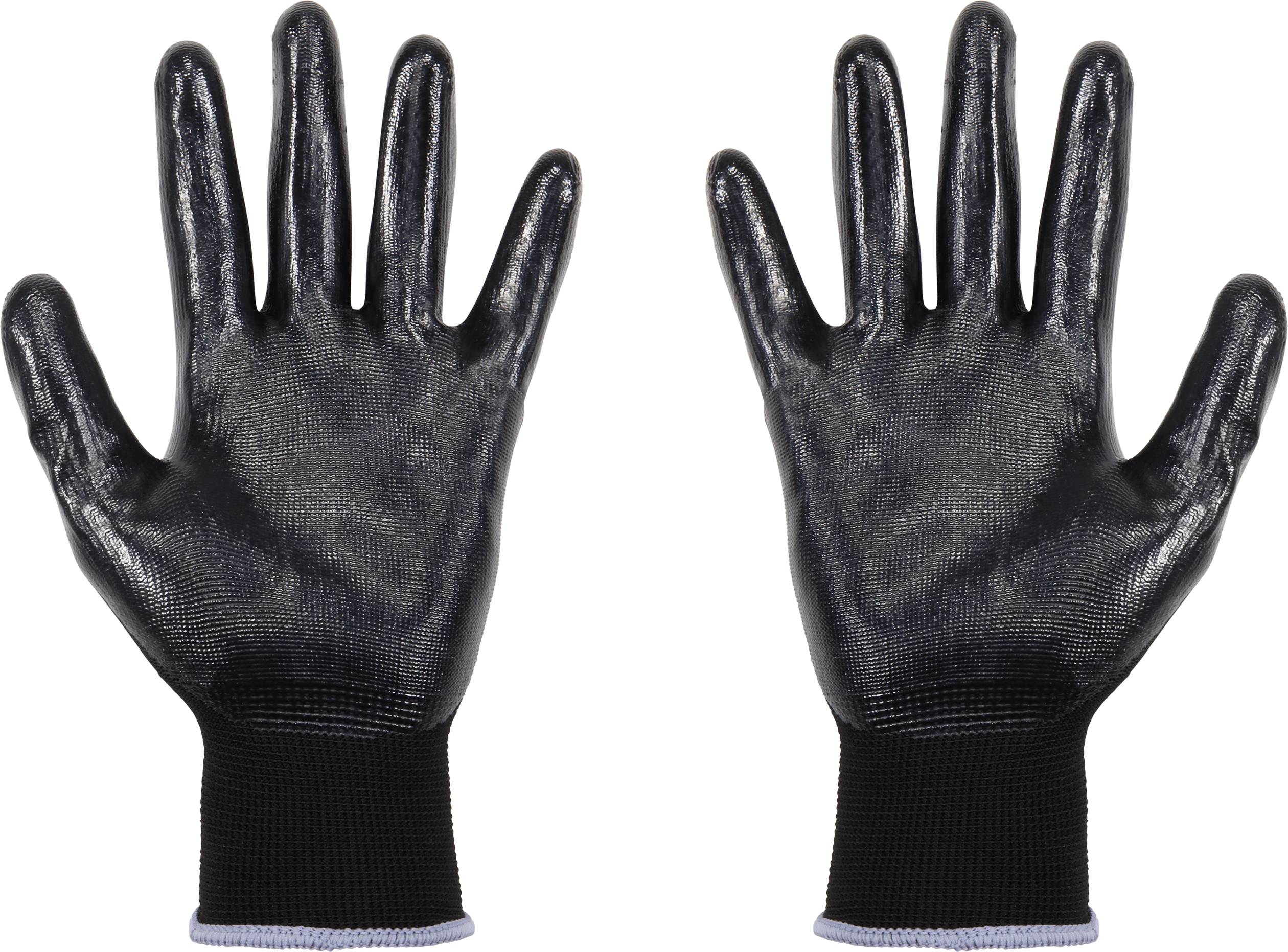 Zwei schwarze Schutzhandschuhe mit gewellten Oberflächen, nach oben geöffnet. Sie bieten Schutz und Griffigkeit für die Hände.