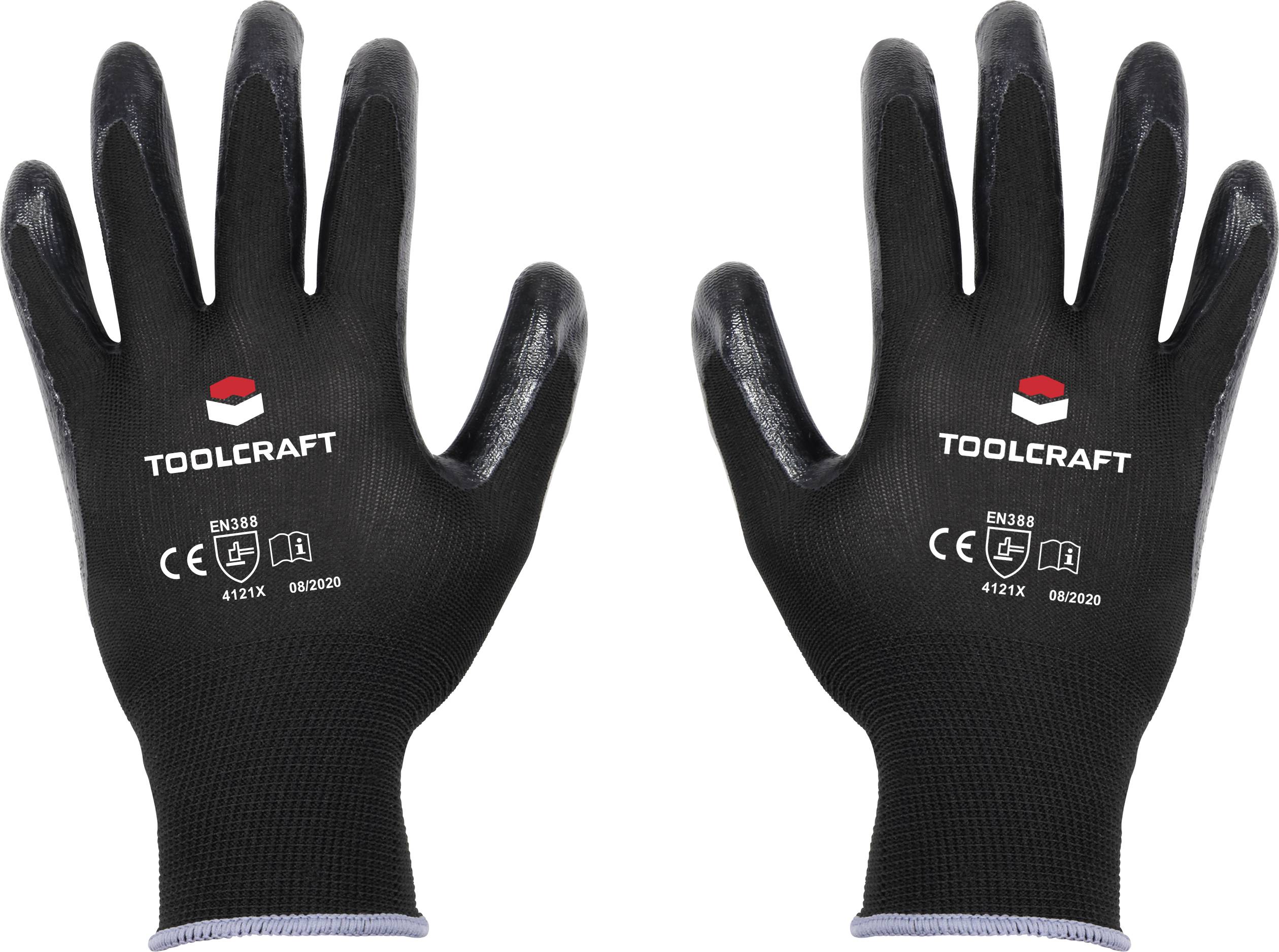Zwei schwarze Arbeitshandschuhe aus einem robusten, flexiblen Material. Auf der Oberseite ist das Toolcraft-Logo und diverse Zertifizierungen abgebildet.