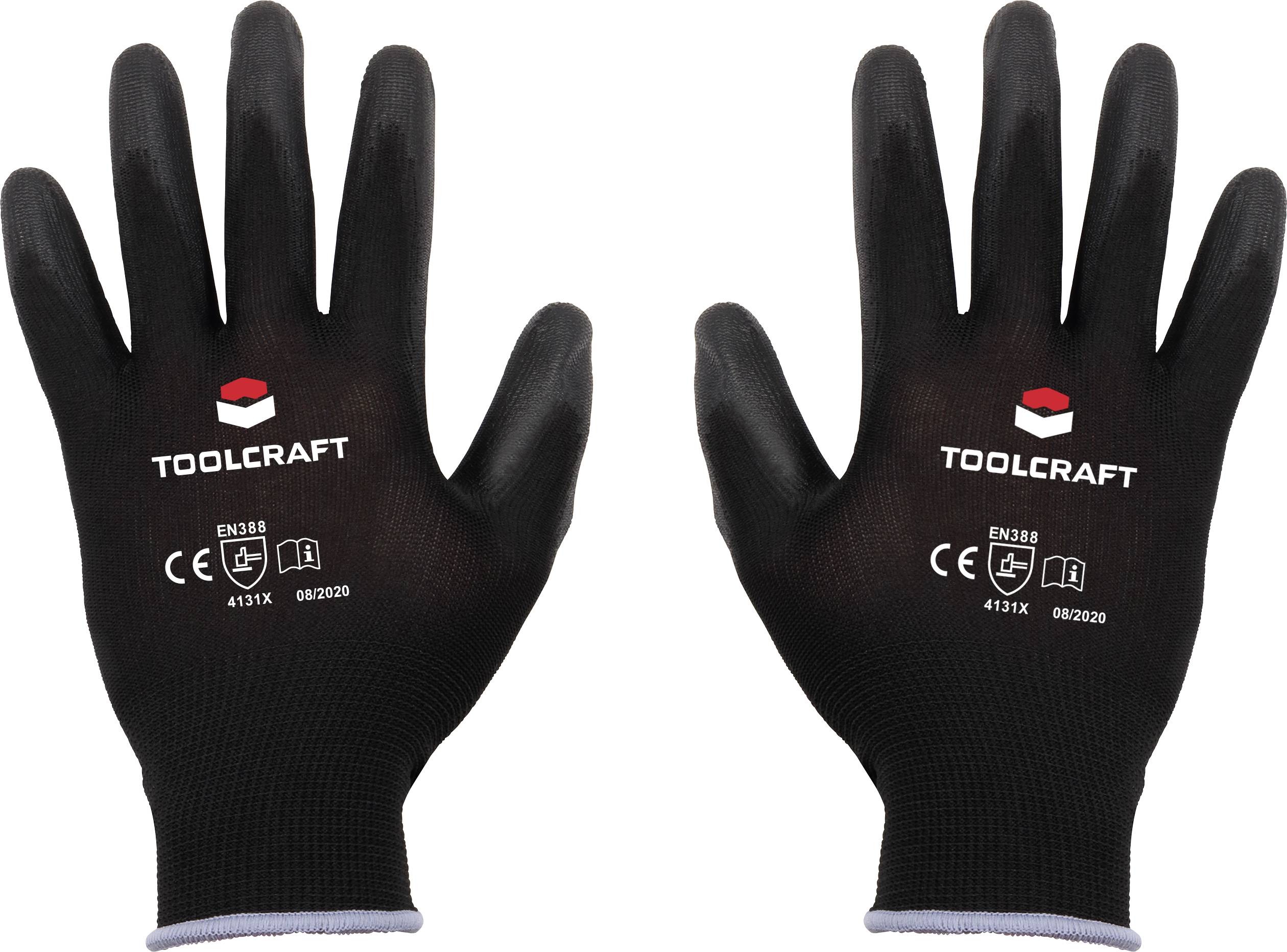 Zwei schwarze Arbeitshandschuhe mit dem Aufdruck 'TOOLCRAFT', CE-Kennzeichnung und Sicherheitsstandardsymbolen auf den Handrücken.