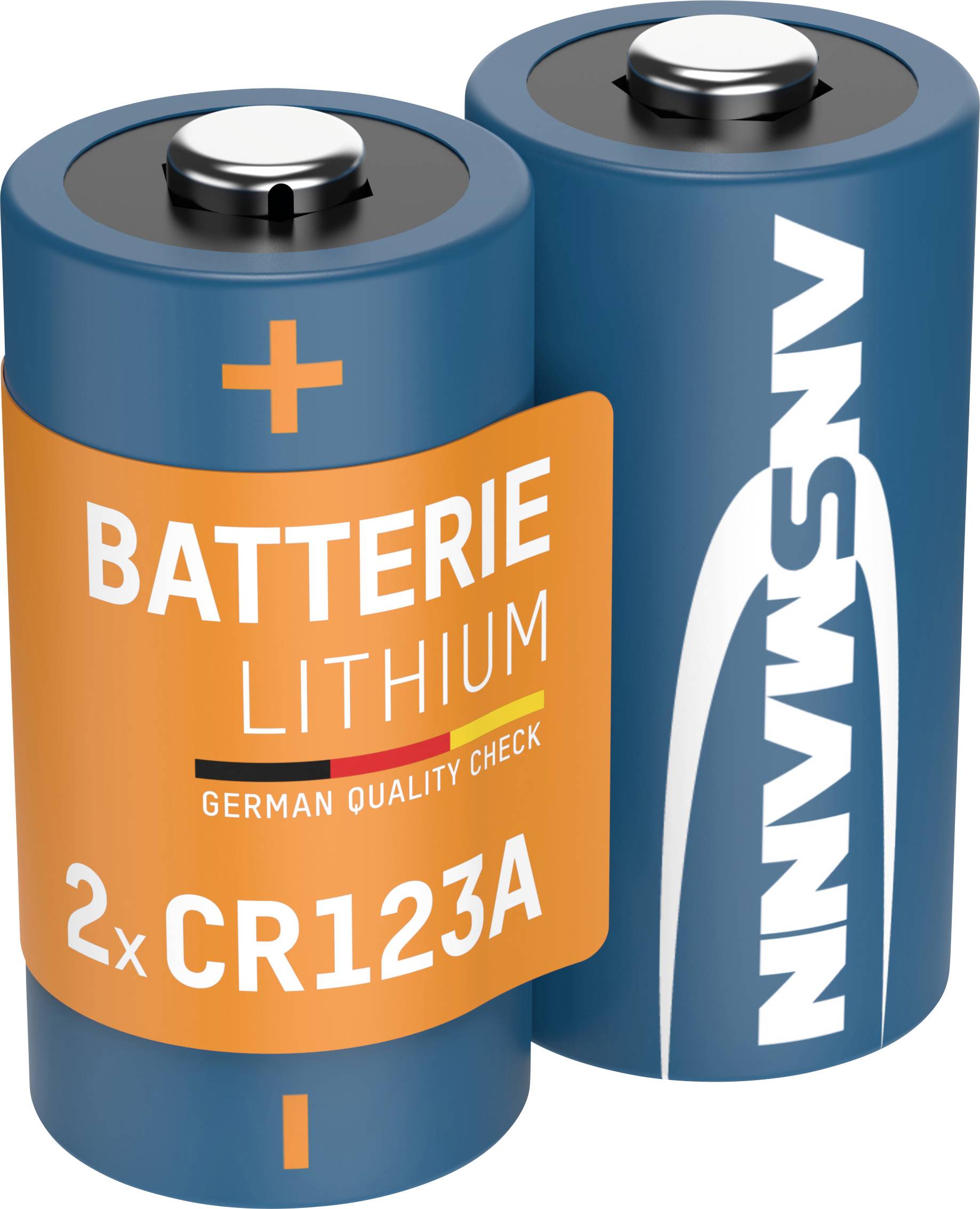 Zwei Lithiumbatterien der Marke ANSMANN, Größe CR123A, mit orangefarbener Hülle und Aufschrift 'Batterie Lithium, German Quality Check'.