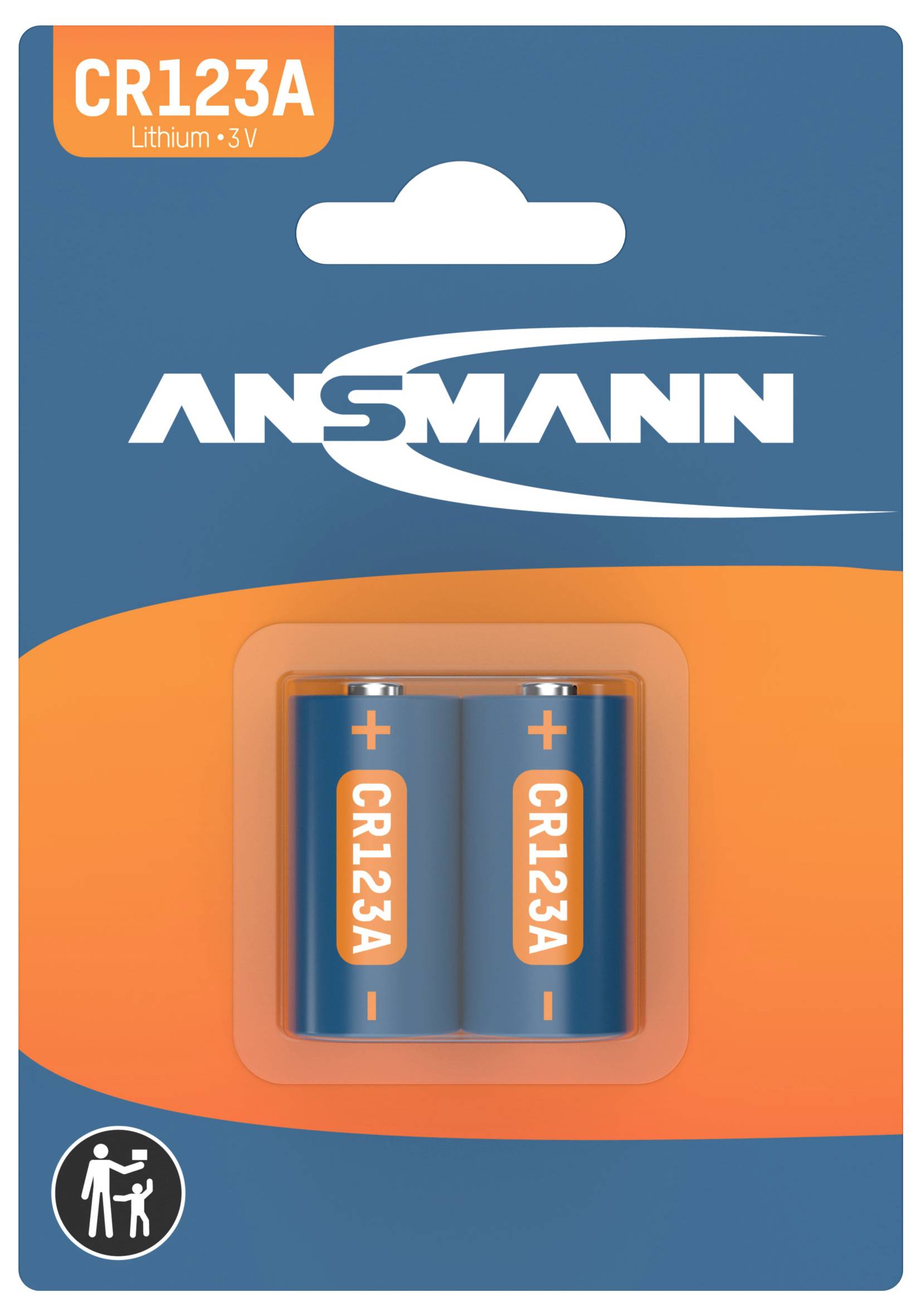 Verpackung mit zwei CR123A Lithium-Batterien von Ansmann. Geeignet für Geräte mit hohem Energieverbrauch.