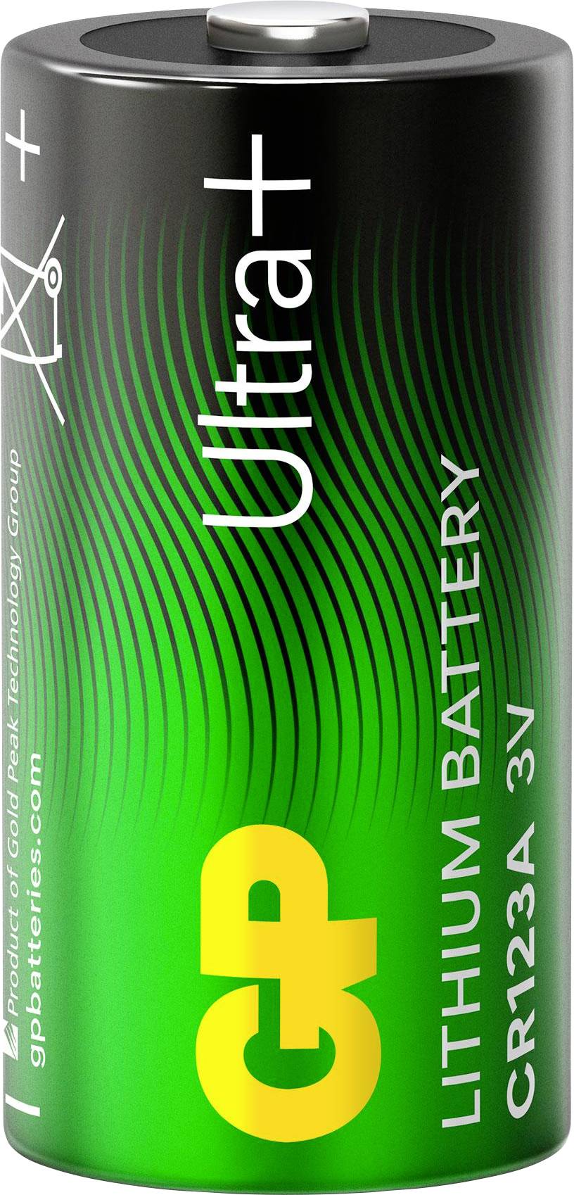 Gelb-grüne Lithium-Mangan-Batterie Ultrafire CR123A 3V mit Pluszeichen und weißer Beschriftung auf schwarzem Gehäuse.
