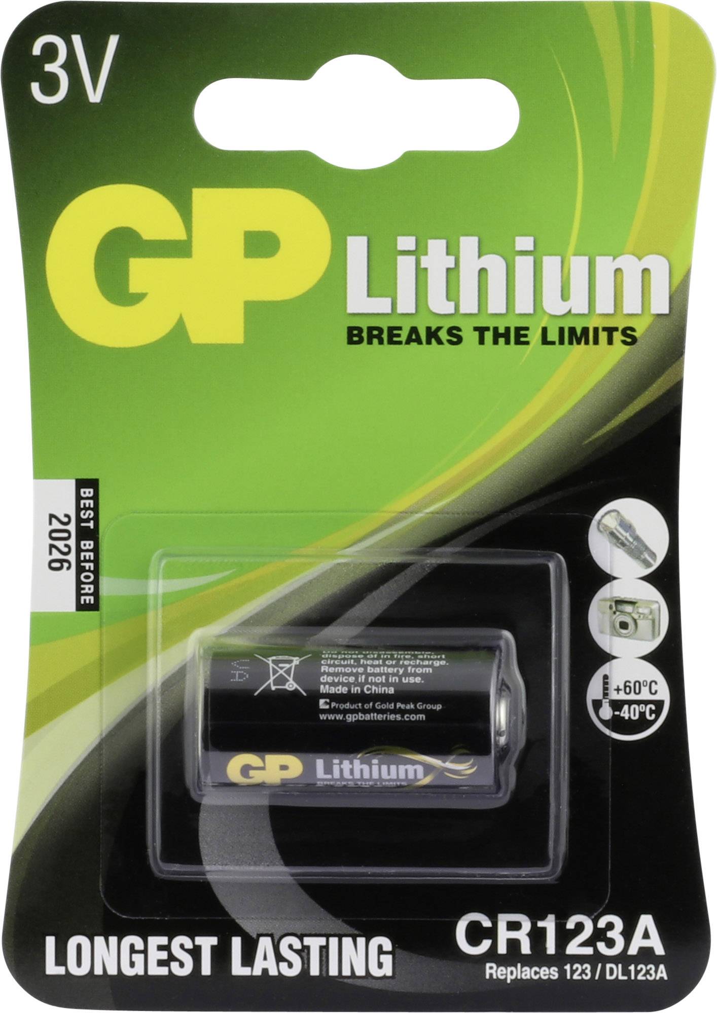 3V GP Lithium Batterie CR123A, haltbar bis 2026, geeignet für -40°C bis +60°C. Längste Haltbarkeit. Ersetzt 123/DL123A.