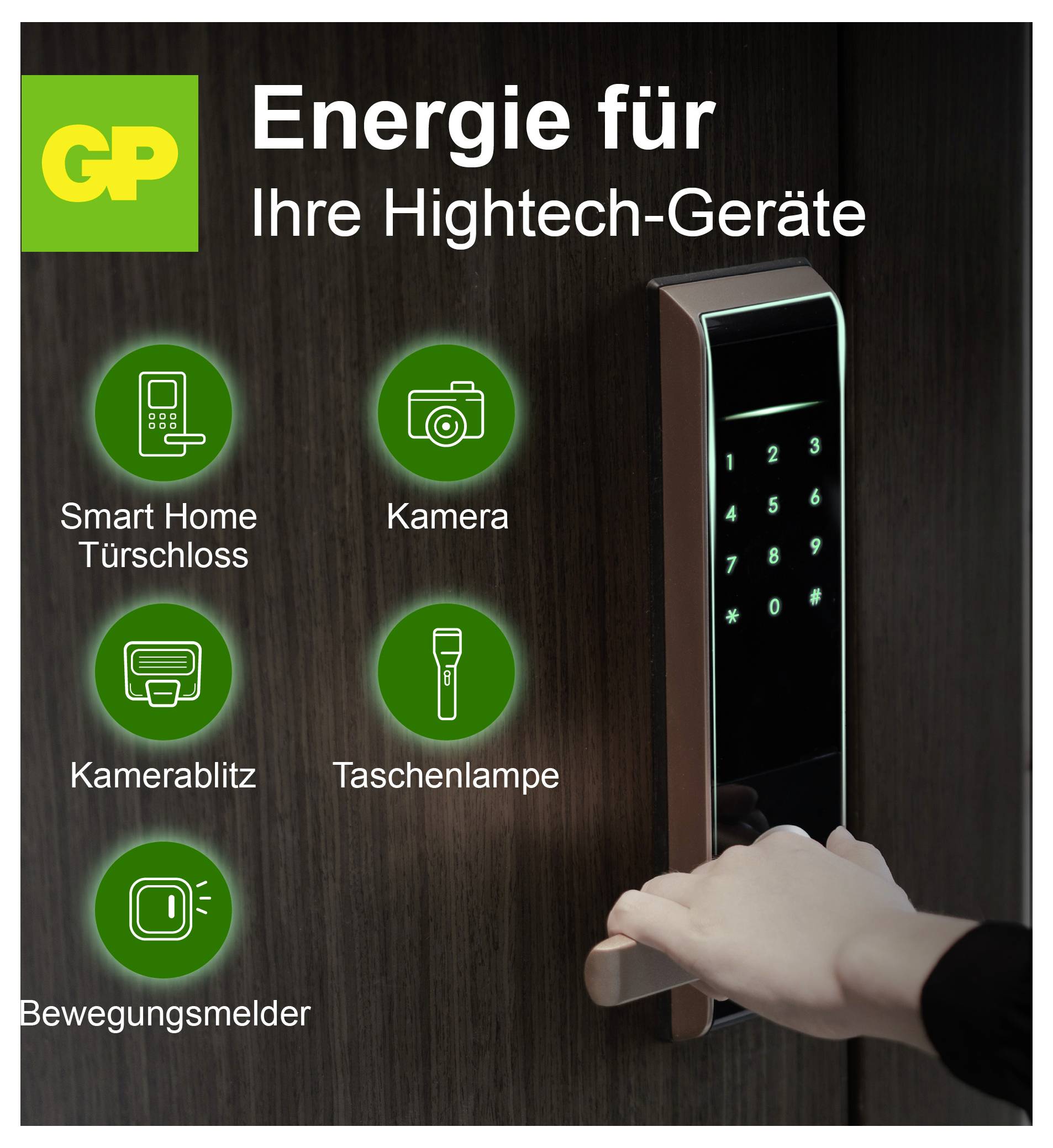 Werbeanzeige für GP-Batterien: Batterieversorgung für Hightech-Geräte wie Smart-Home-Türschloss, Kamera, Kamerablitz, Taschenlampe und Bewegungsmelder.