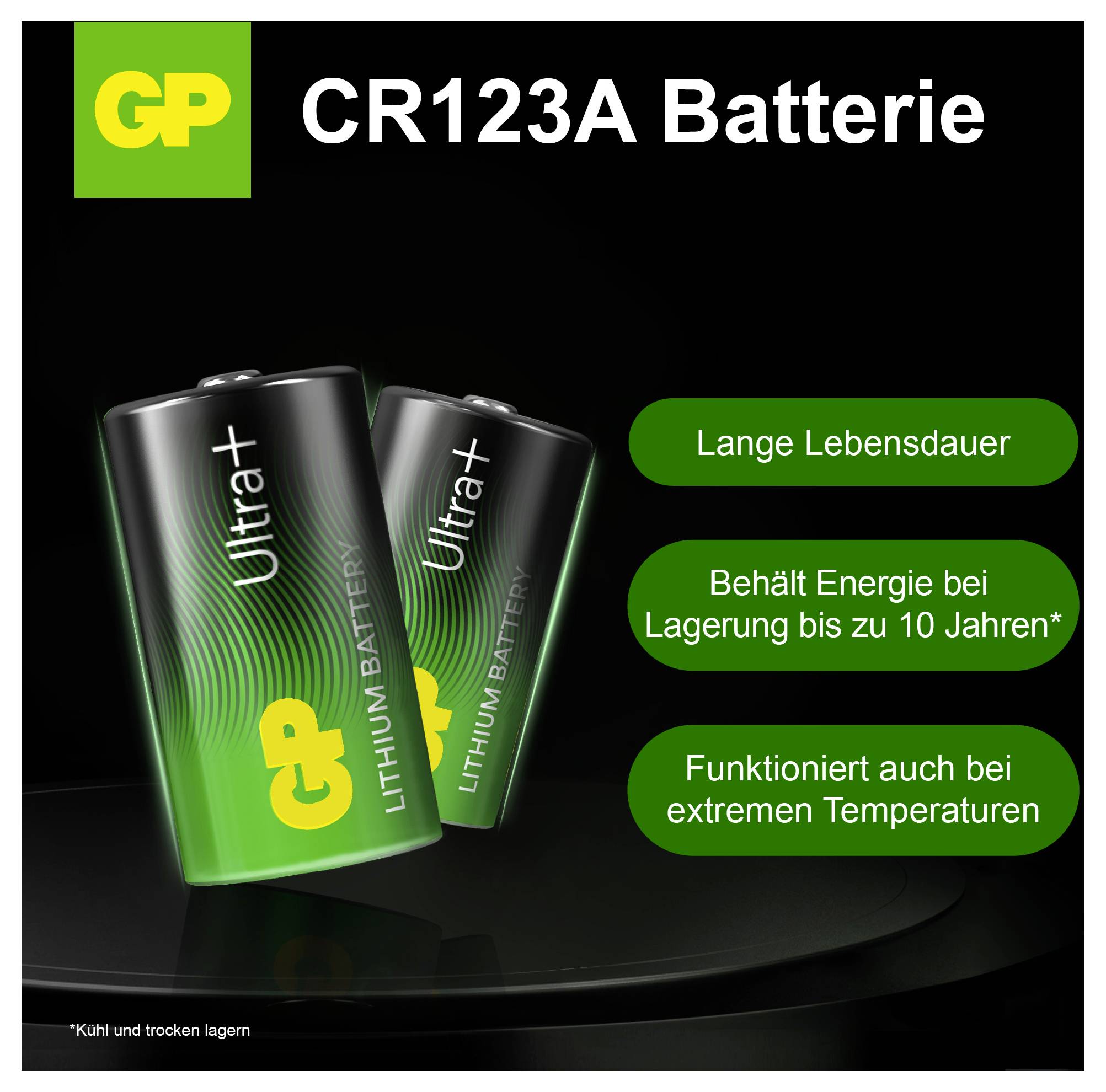 Werbegrafik für 'CR123A Batterie' von GP mit zwei Lithium-Batterien; verspricht lange Lebensdauer, bis zu 10 Jahre Lagerung und Funktion bei extremen Temperaturen.