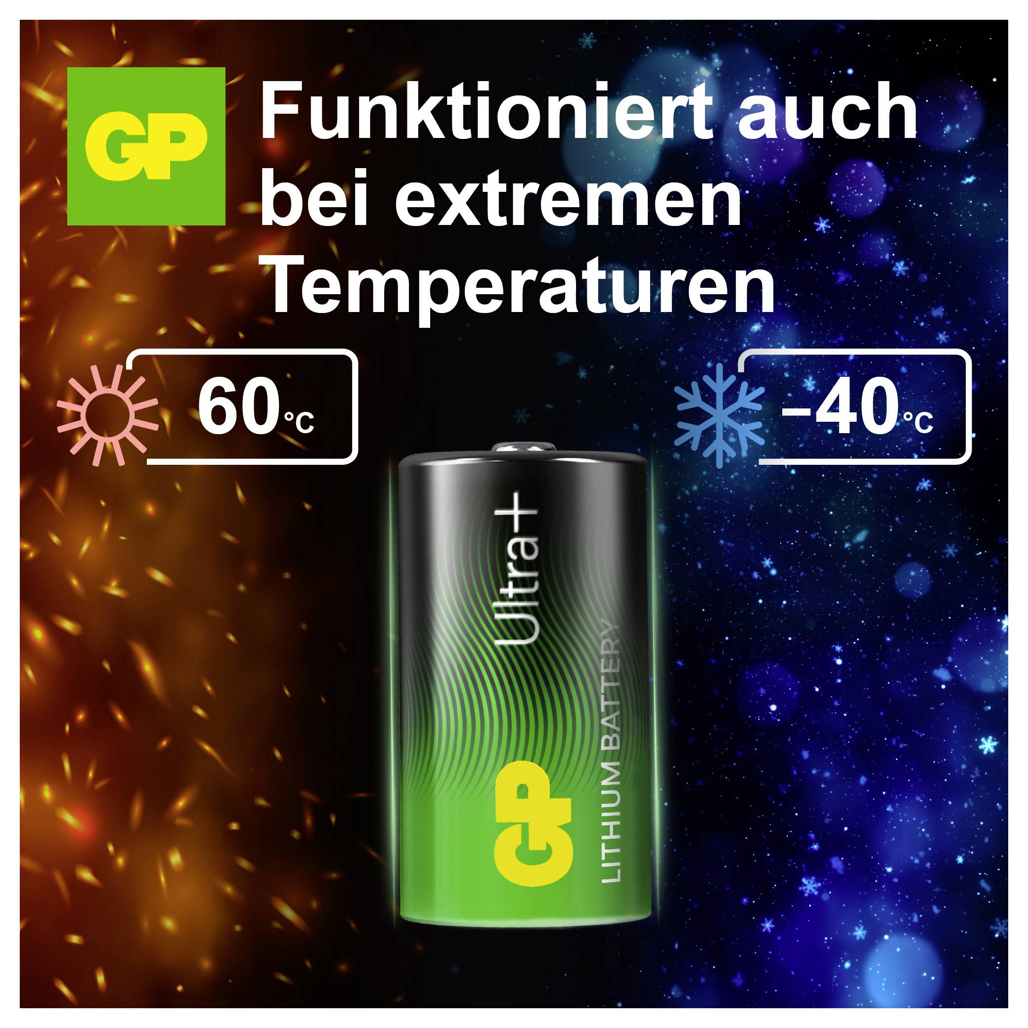 Werbung für GP Ultra+ Lithium-Batterie: funktioniert auch bei extremen Temperaturen von 60 °C bis -40 °C.