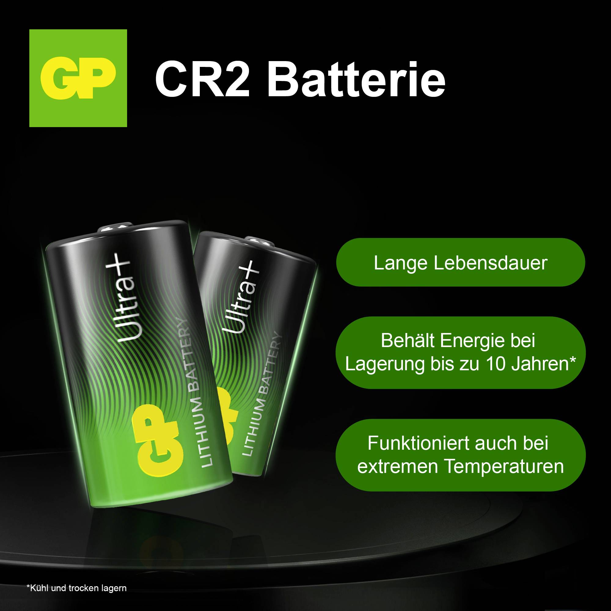 Werbeanzeige für GP CR2 Batterie mit zwei Batterien; Hinweise: 'Lange Lebensdauer', 'Behält Energie bei Lagerung bis zu 10 Jahren*', 'Funktioniert auch bei extremen Temperaturen'.