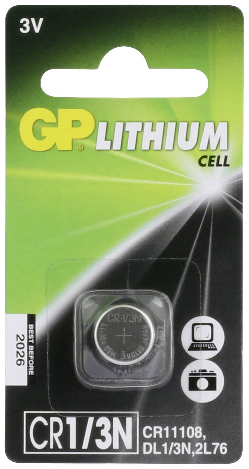 Lithium-Knopfzelle der Marke GP, 3V. Verpackung zeigt Symbole für Kamera, Computer und Batterie. Haltbar bis 2026. Modell CR1/3N.