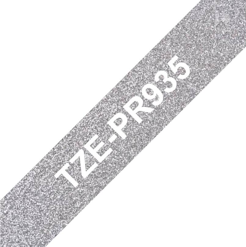 Silbernes Glitzerband mit weißer Aufschrift 'TZE-PR935' diagonal über das Bild verlaufend.