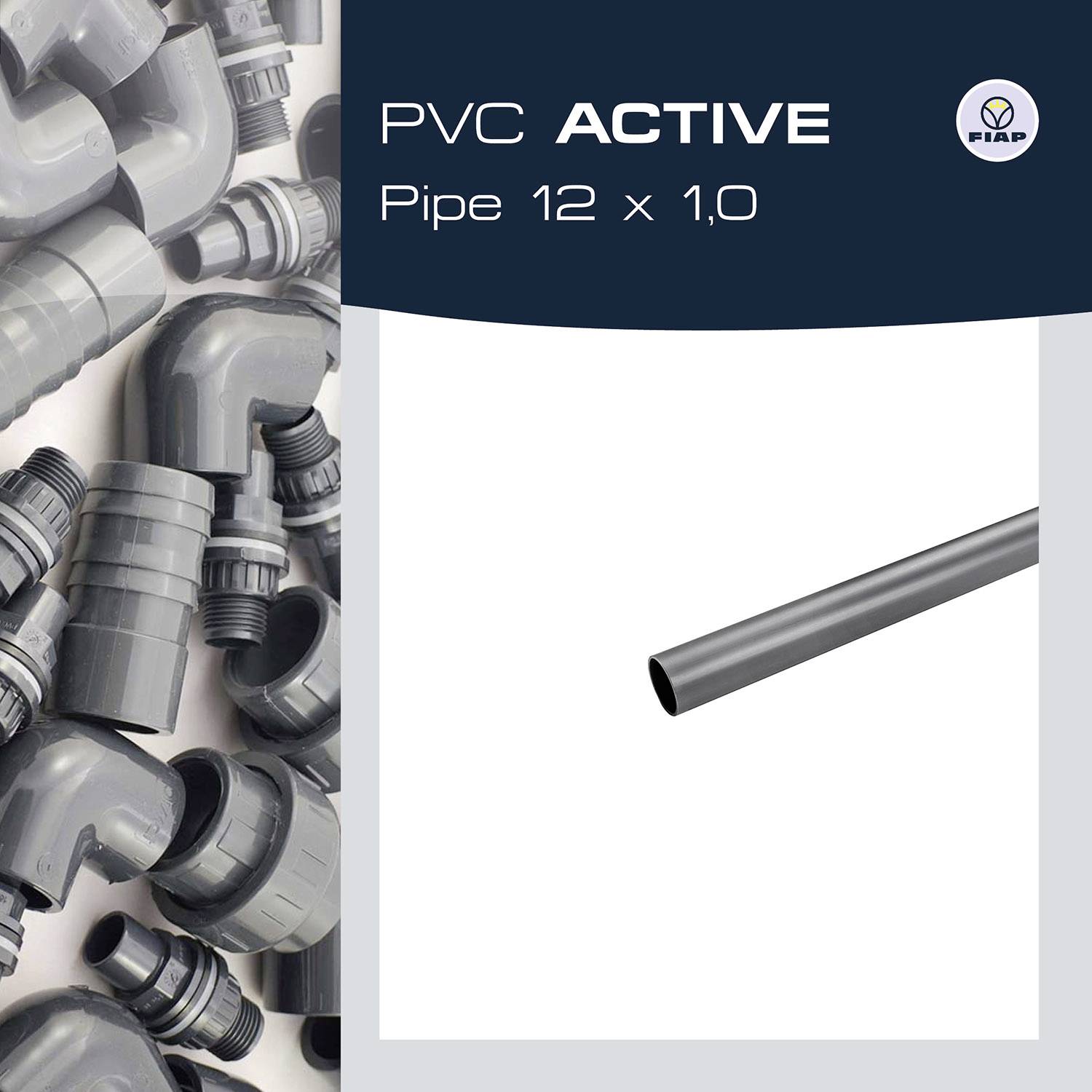 'PVC ACTIVE Pipe 12 x 1,0' ist in einer technischen Zeichnung dargestellt, umgeben von grauen PVC-Fittings und dem FIAP-Logo.