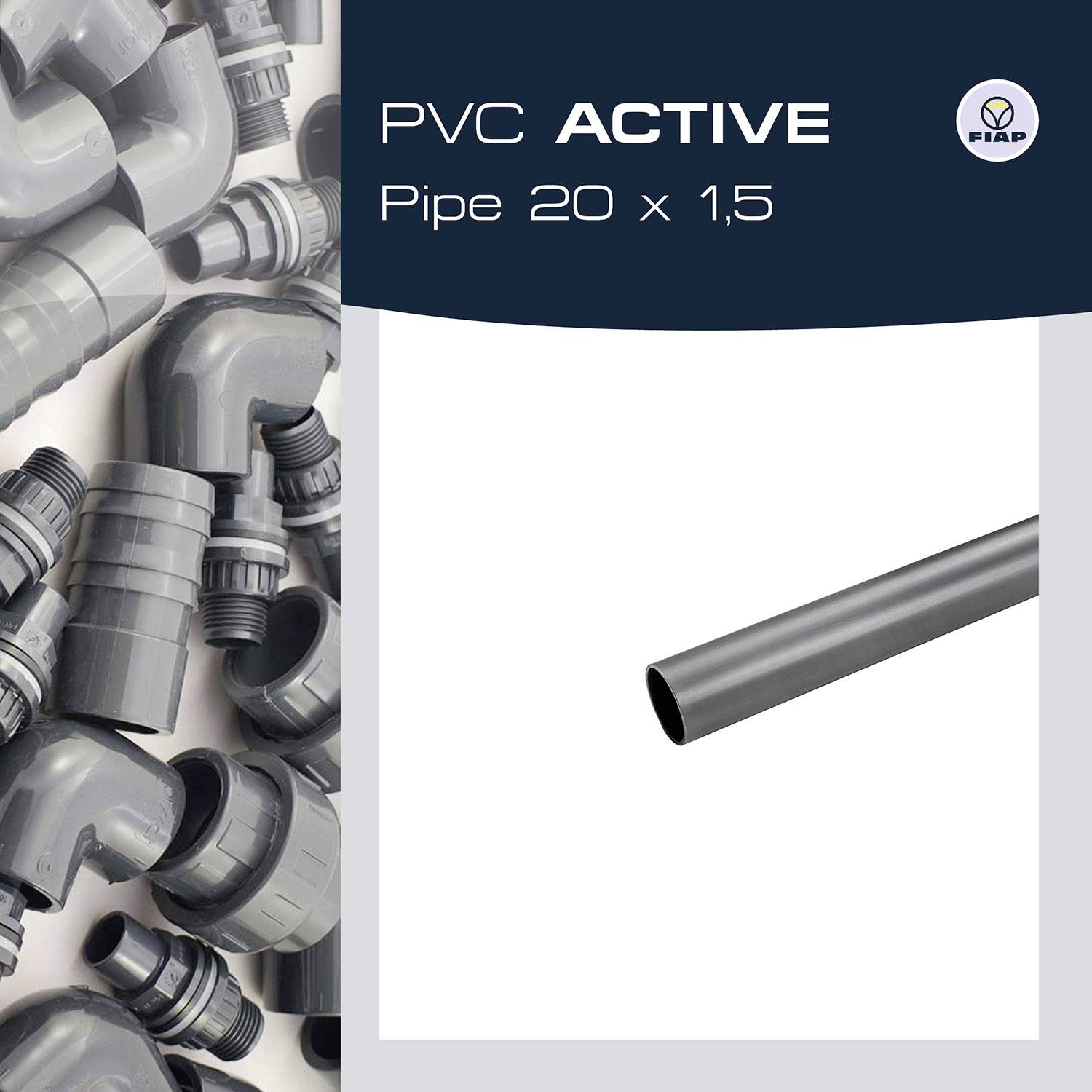 'PVC ACTIVE Rohr 20 x 1,5' mit grauem PVC-Rohr. Links verschiedene PVC-Fittings. Markenlogo oben rechts.