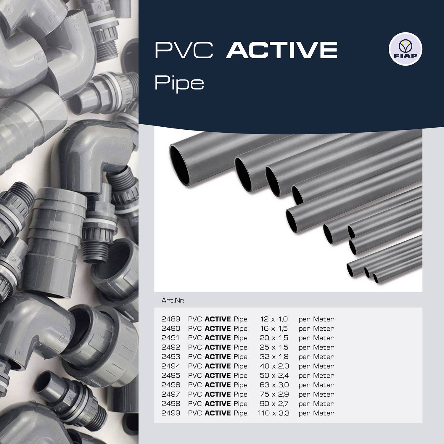 'PVC ACTIVE Pipe' Prospekt zeigt graue Rohre in verschiedenen Winkeln und Größen. Liste bietet Produktspezifikationen und Preise pro Meter.