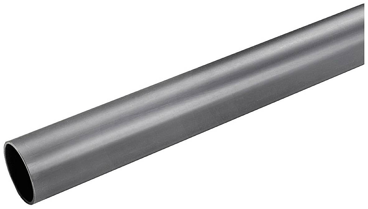 Grau-schwarzes Rohr in diagonaler Ansicht, glatt und zylindrisch, auf weißem Hintergrund gezeigt.