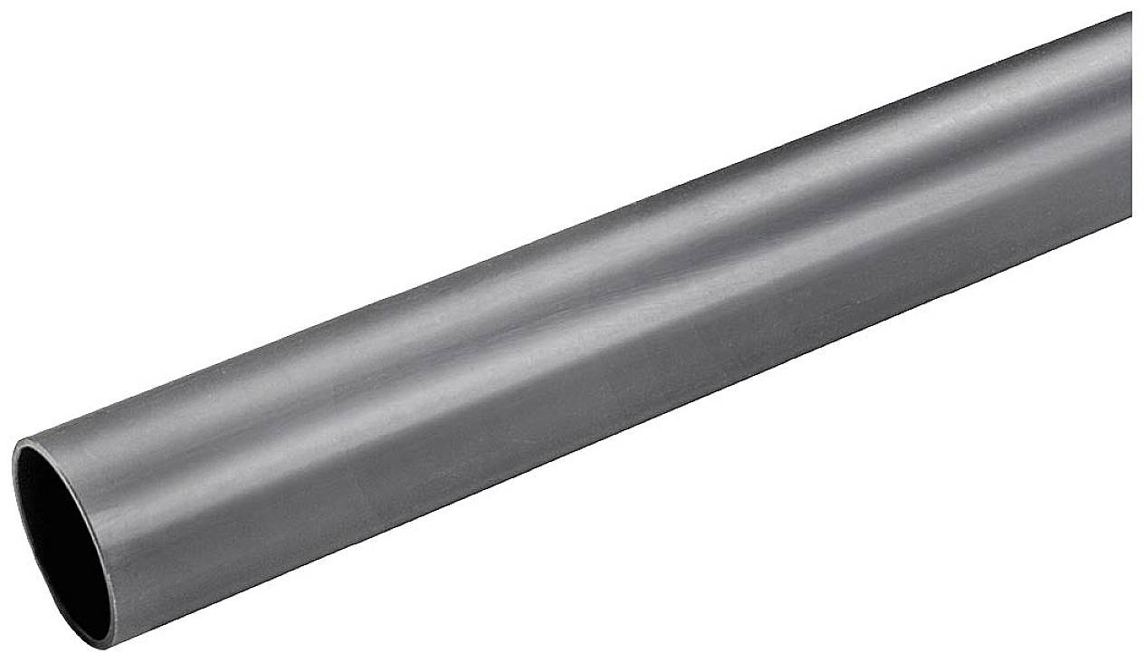 Graues Kunststoffrohr von der Seite betrachtet, zeigt seine glatte Oberfläche und zylindrische Form.