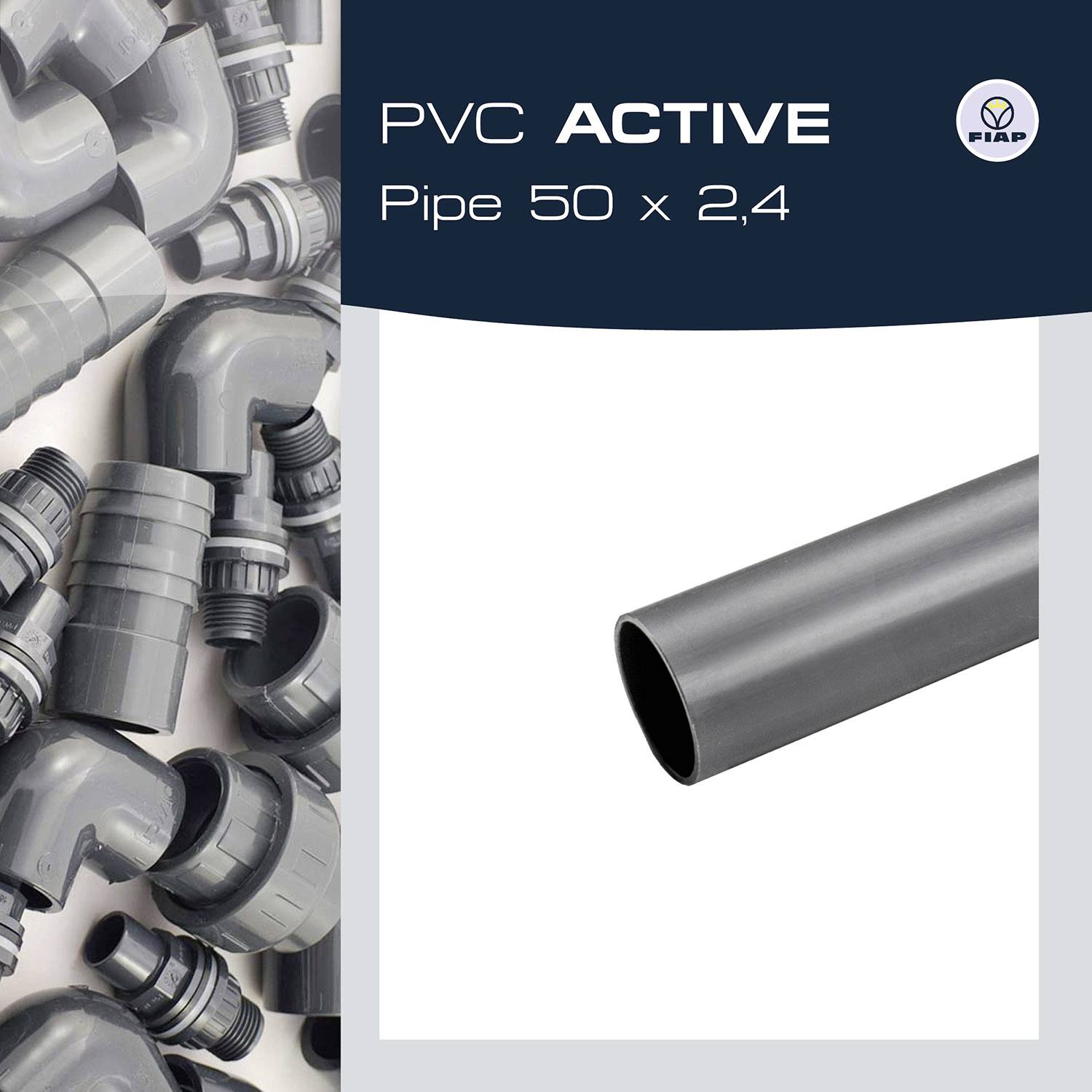 'PVC ACTIVE Rohr 50 x 2,4' steht neben einem Bild von grauen PVC-Rohrverbindungen.