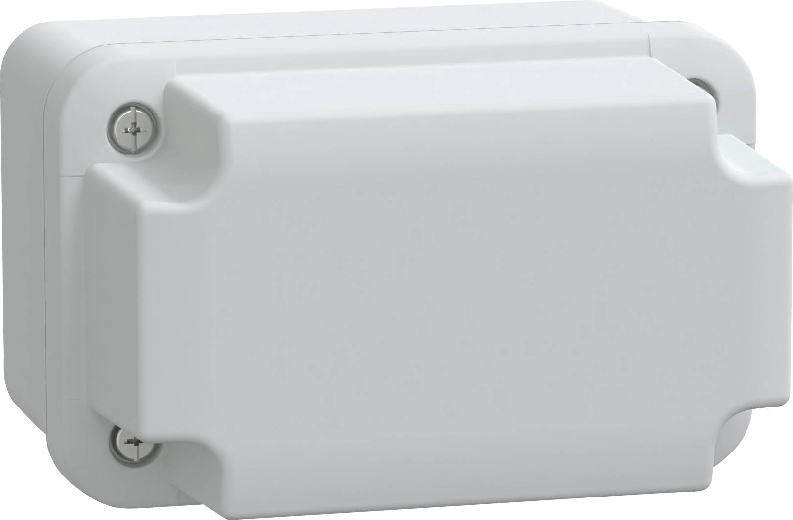 Eine weiße, rechteckige elektrische Verteilerdose mit einem Deckel, der durch vier Schrauben befestigt wird, die zur Unterbringung von Elektroverbindungen im Innen- und Außenbereich verwendet wird.