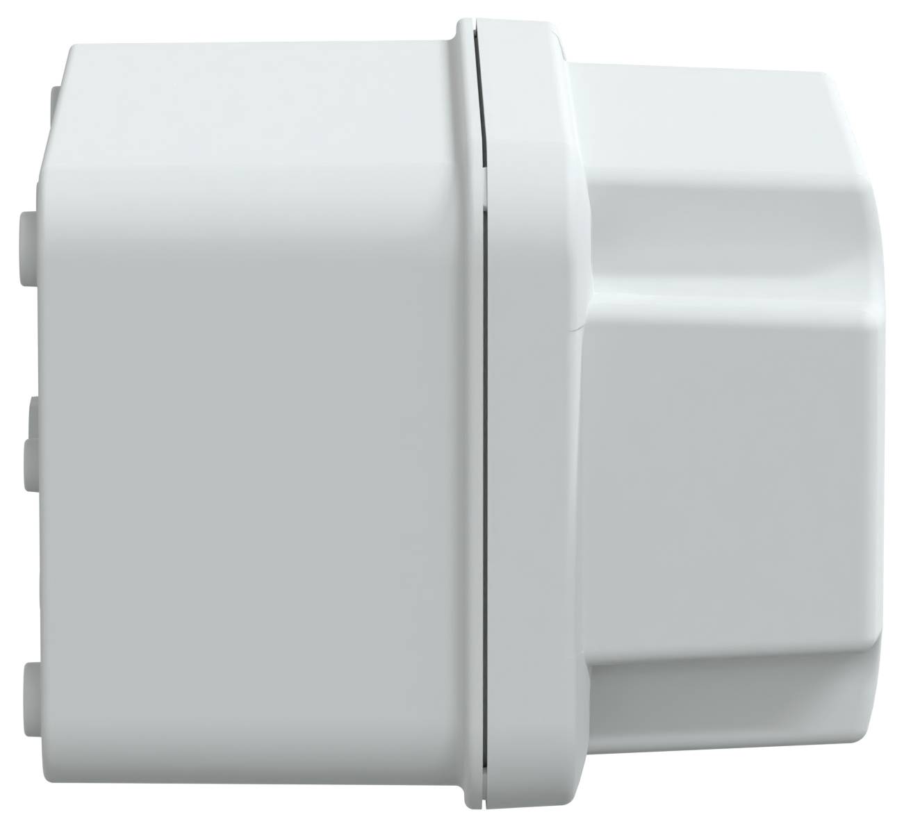 Ein weißes, rechteckiges elektronisches Gerät mit glatter Gehäuseoberfläche und dezent abgerundeten Kanten, möglicherweise ein wandmontierter Sensor oder Schalter.