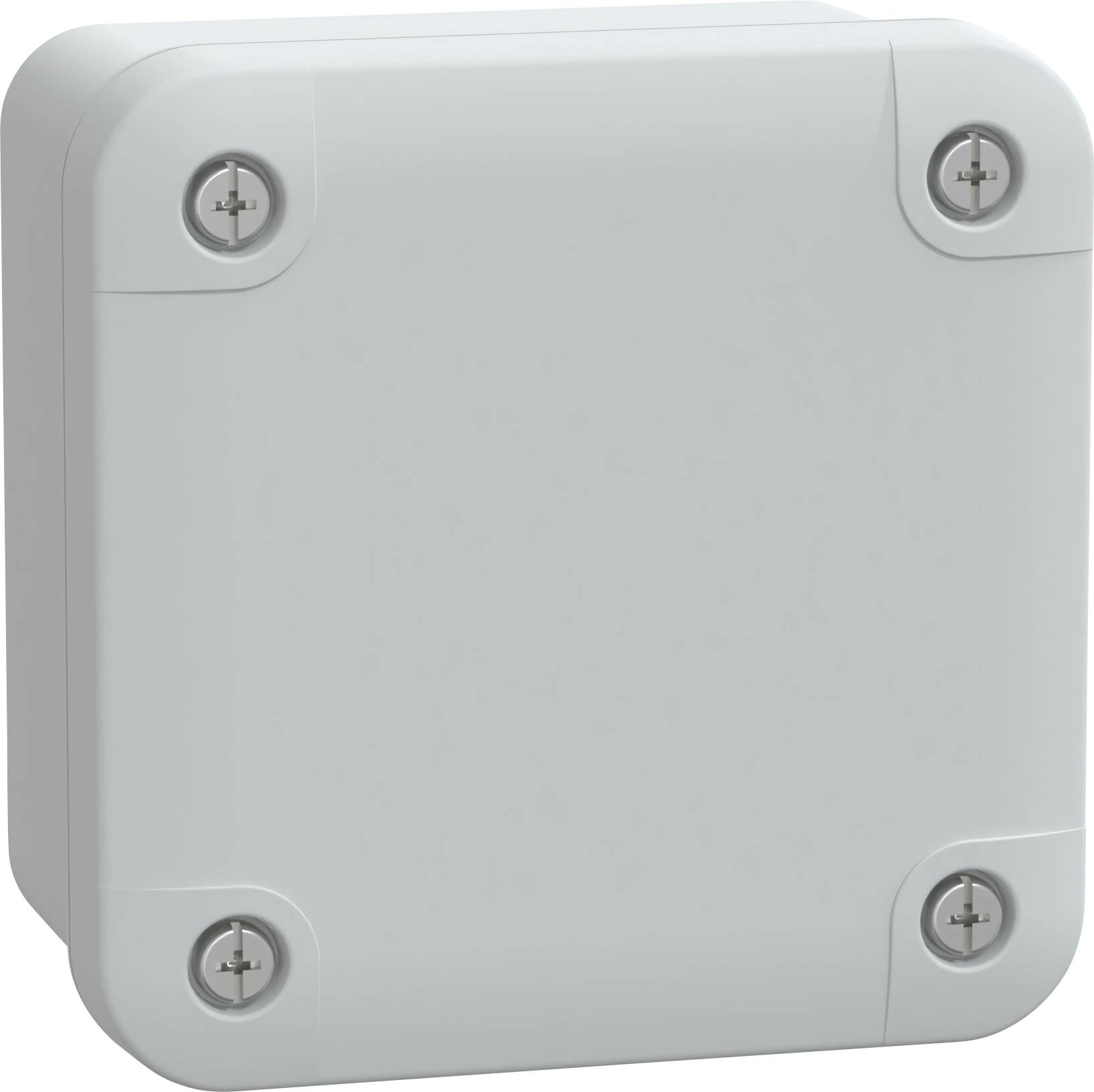 Eine quadratische, graue Kunststoff-Elektroverteilerdose mit abgerundeten Kanten und vier Schraublöchern, eines in jeder Ecke.