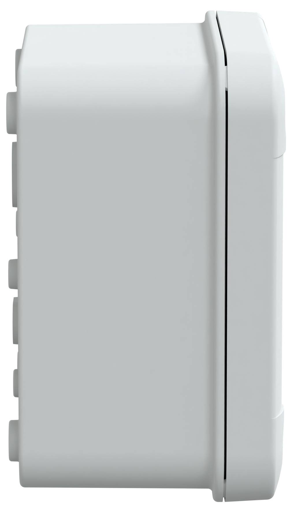 Seitenansicht eines weißen, rechteckigen elektronischen Geräts mit abgerundeten Ecken und sichtbaren Anschlüssen an der linken Seite.