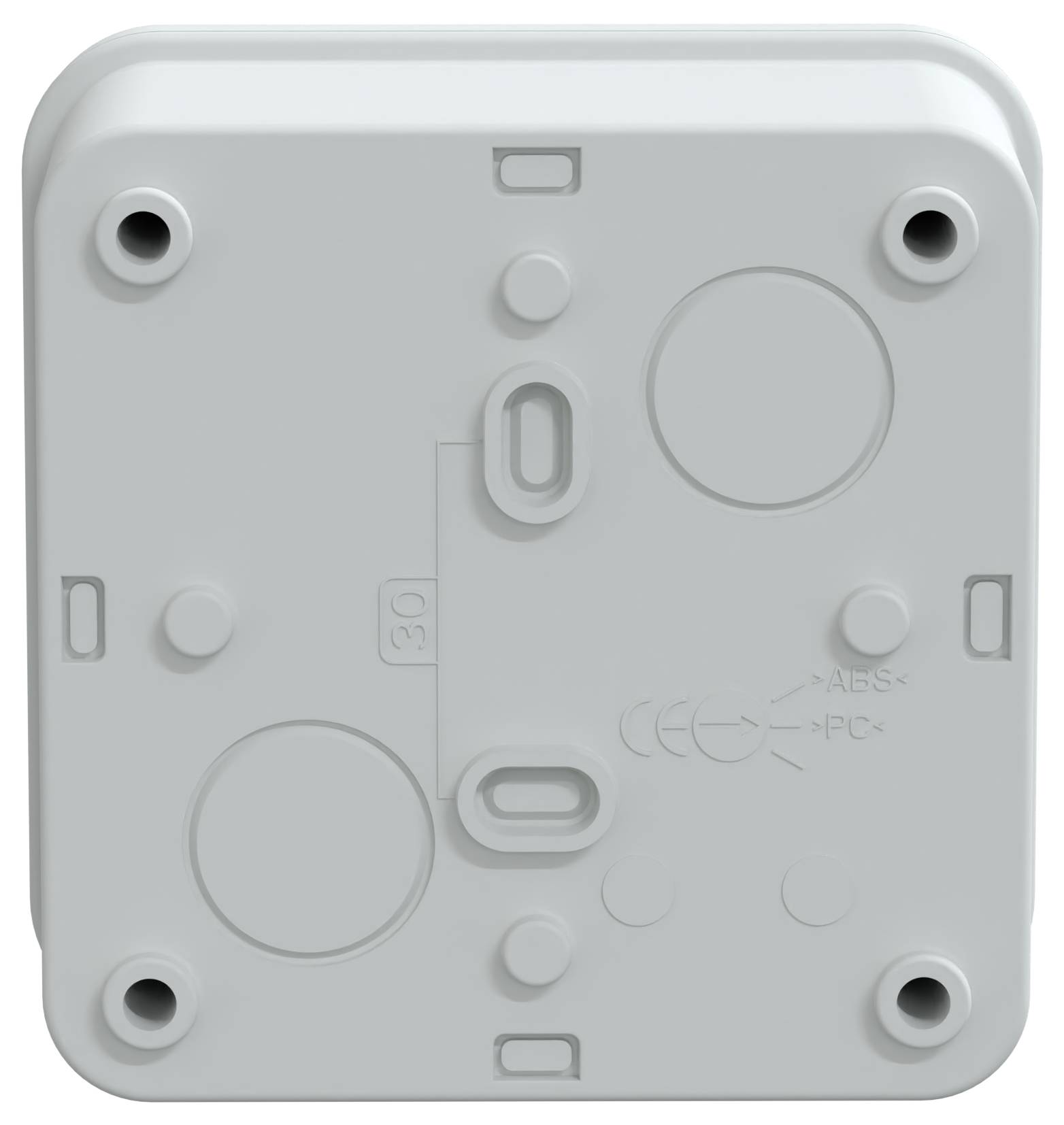 Eine weiße, quadratische elektrische Abdeckung für eine Verteilerdose mit vier Schraublöchern und kreisförmigen Vertiefungen.