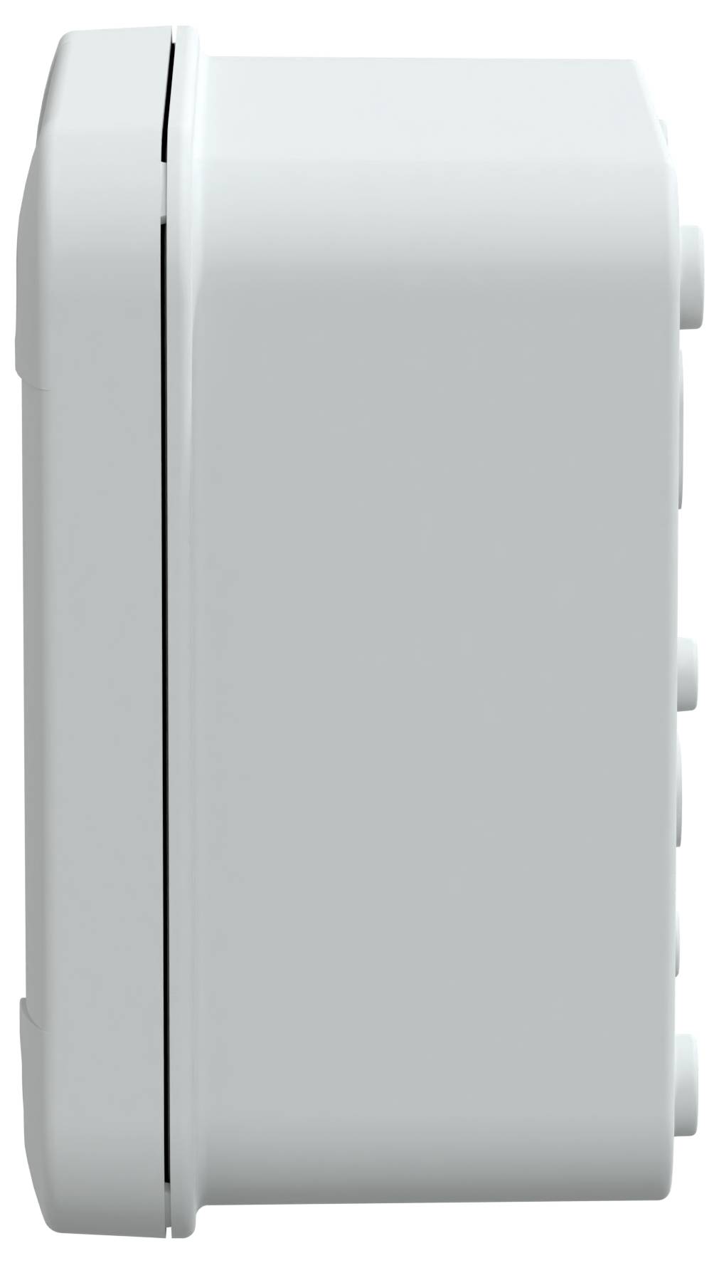Ein weißes rechteckiges elektronisches Gerät, Seitenansicht, mit minimalen sichtbaren Details oder Markierungen.
