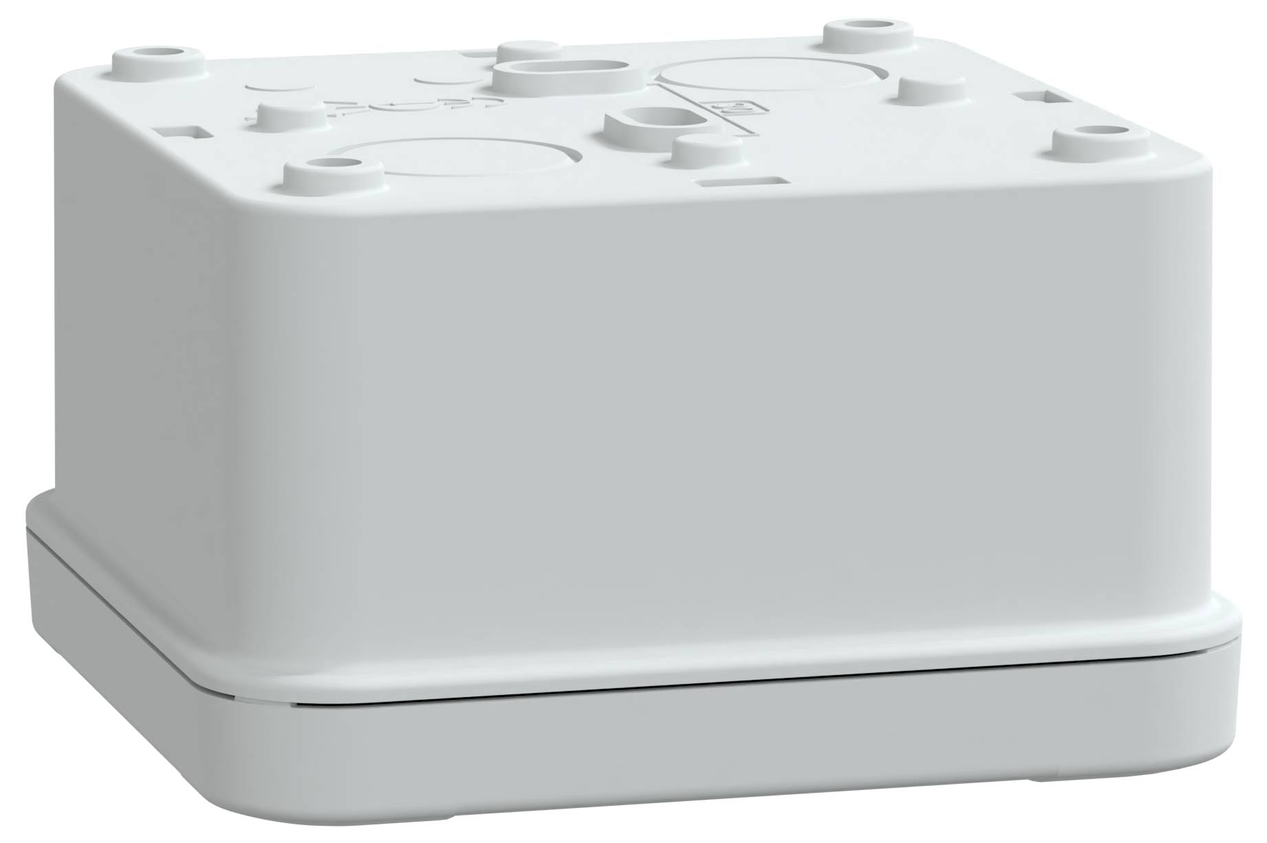 Eine weiße rechteckige elektrische Verteilerdose mit mehreren kreisförmigen Öffnungen auf der Oberseite, die zum Unterbringen von elektrischen Anschlüssen konzipiert ist.
