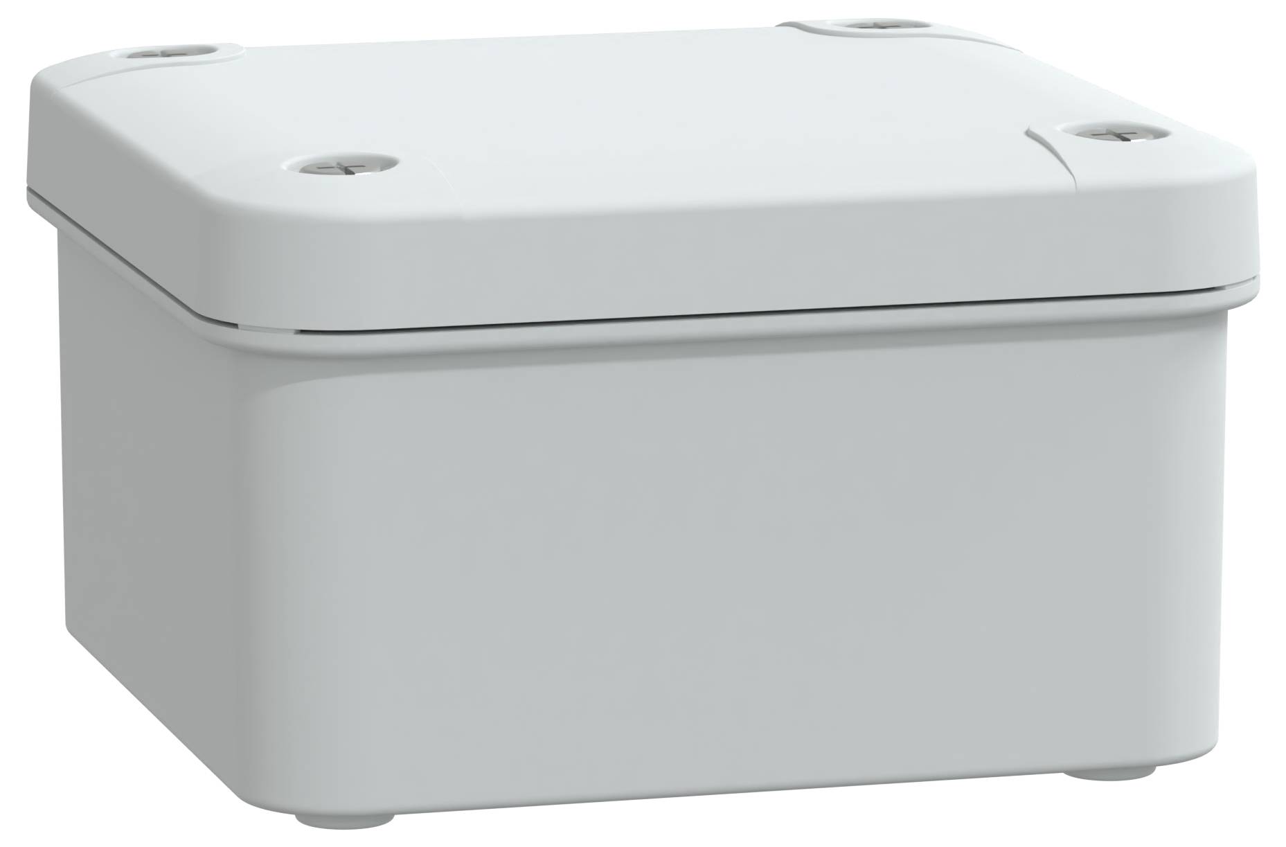 Eine kleine, graue rechteckige elektronische Gehäusebox mit einem gesicherten Deckel und abgerundeten Ecken.