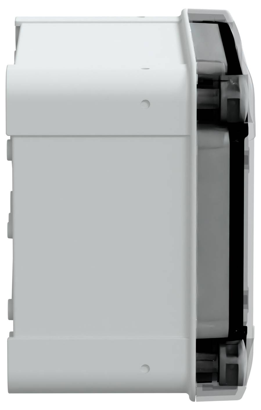 Eine Nahaufnahme eines weißen, rechteckigen elektronischen Geräts mit sichtbaren Seitenplatten und Mechanismen, was auf eine Komponente größerer Ausrüstung hindeutet.