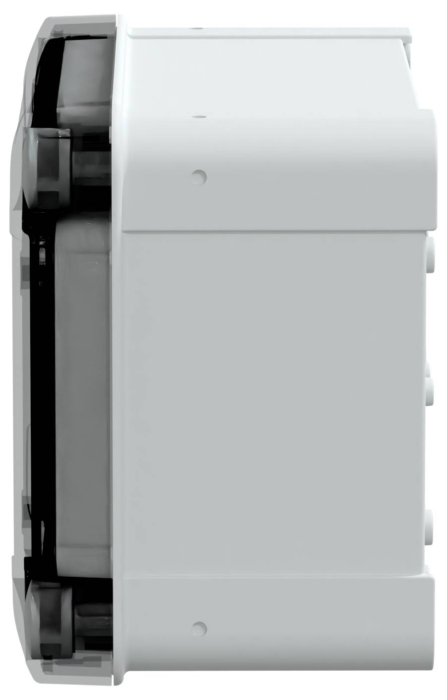 Eine Seitenansicht eines grauen, rechteckigen elektronischen Geräts mit abgerundeten Kanten und drei sichtbaren kreisförmigen Komponenten auf der rechten Seite.