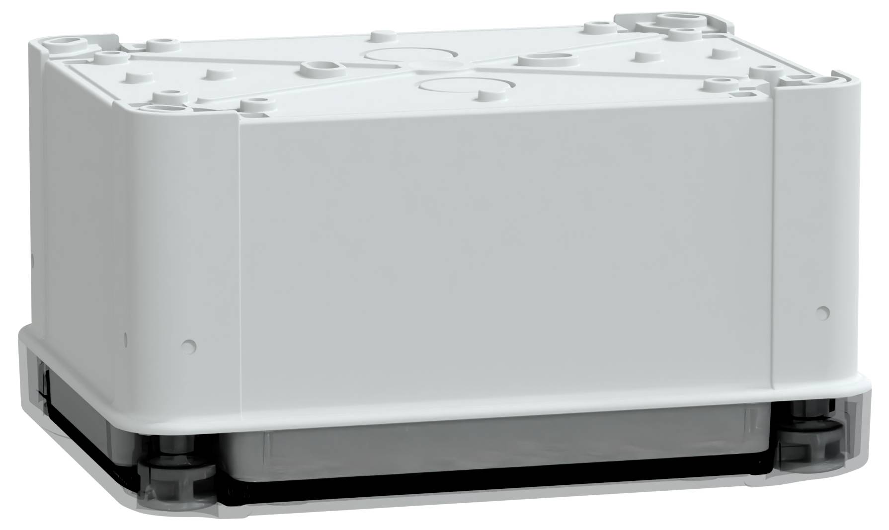 Eine weiße, rechteckige elektrische Verteilerdose mit abgerundeten Ecken, die mehrere Schraublöcher auf der Oberseite aufweist und für Kabelverbindungen konzipiert ist.
