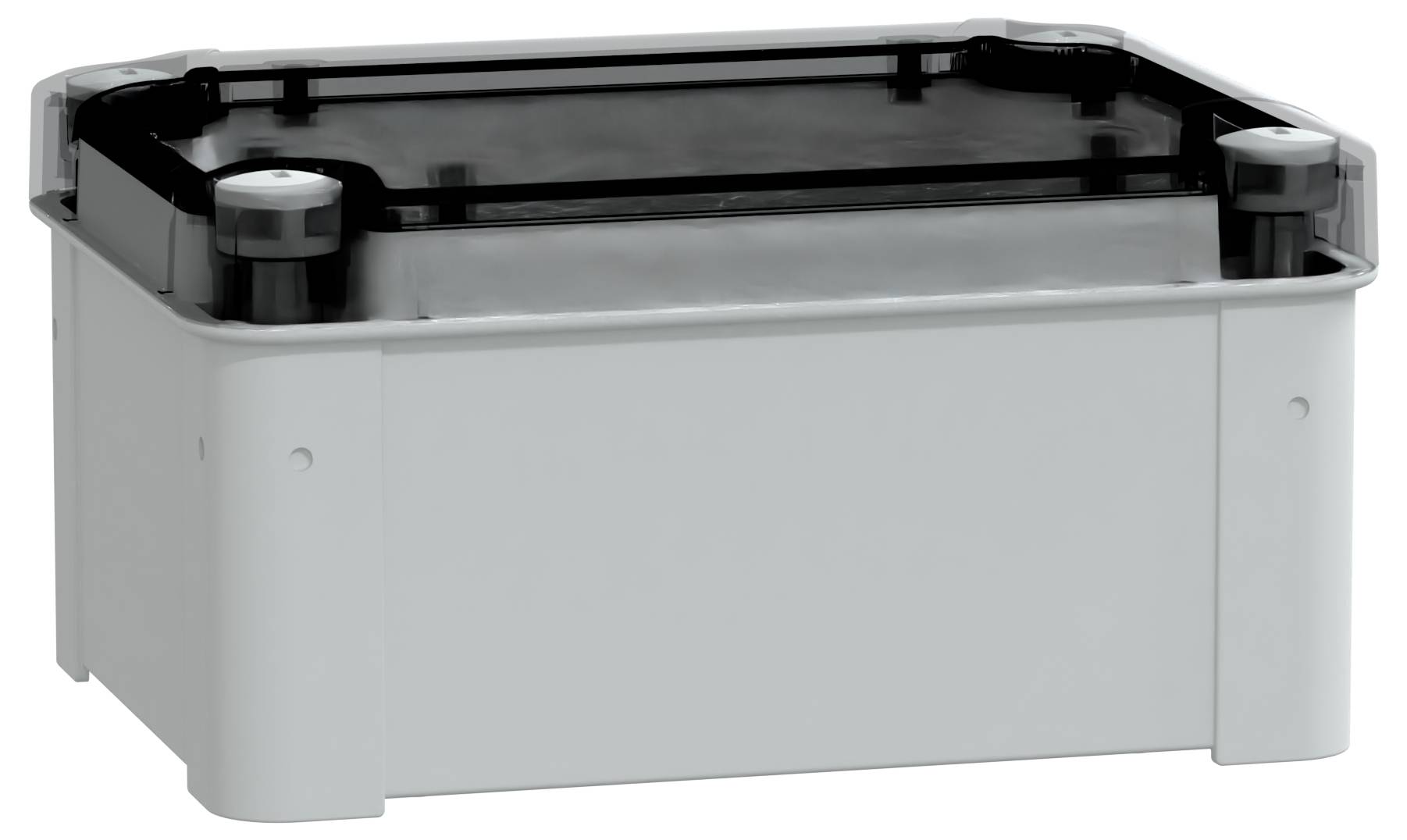 Ein rechteckiges, graues Kunststoffgehäuse mit einem schwarzen, transparenten Deckel, konzipiert für elektrische oder elektronische Komponenten.