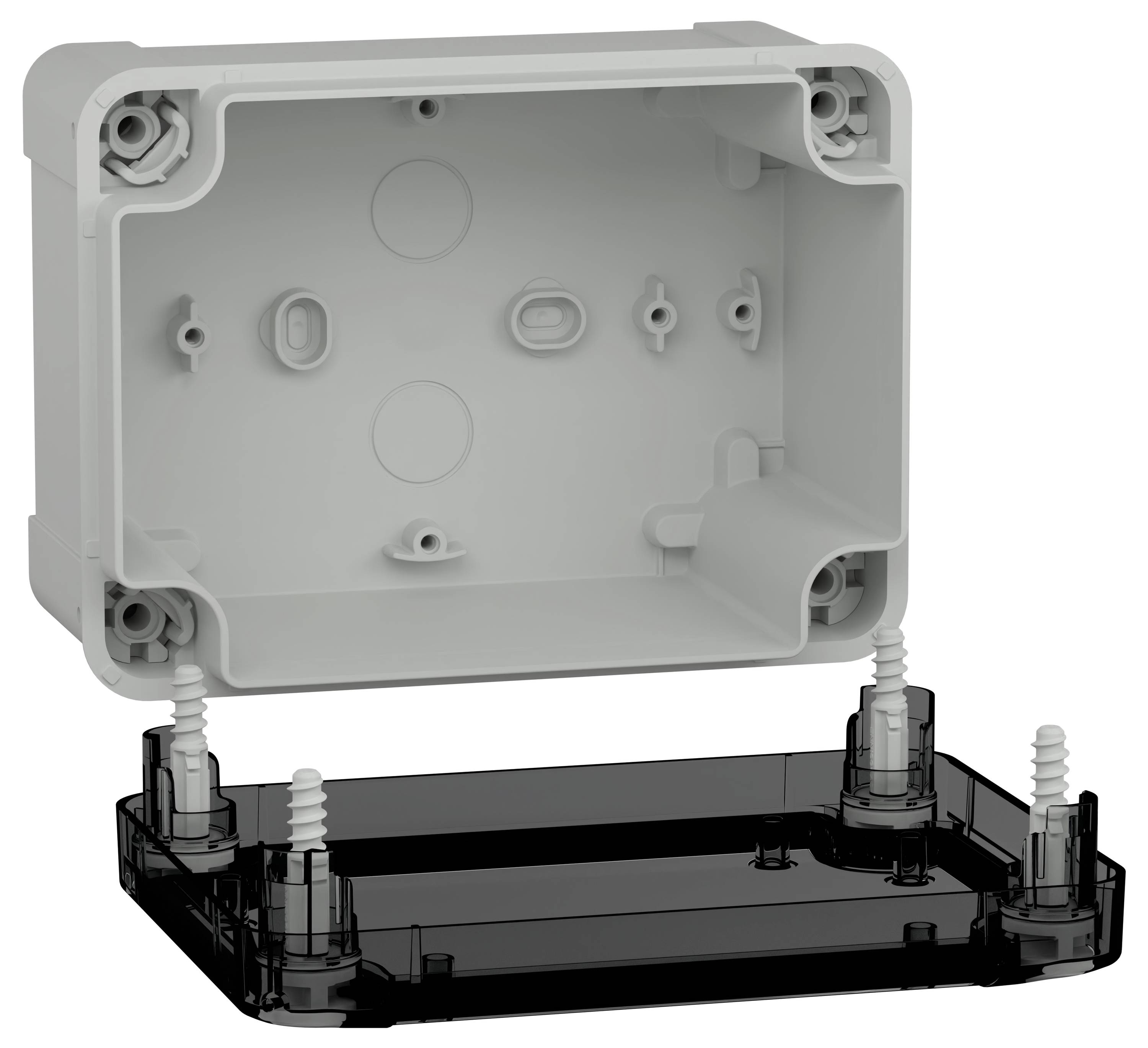 Eine zweiteilige elektrische Verteilerdose mit einem grauen Gehäuse und schwarzer Basis, bei der Befestigungsschrauben an den Ecken sichtbar sind.