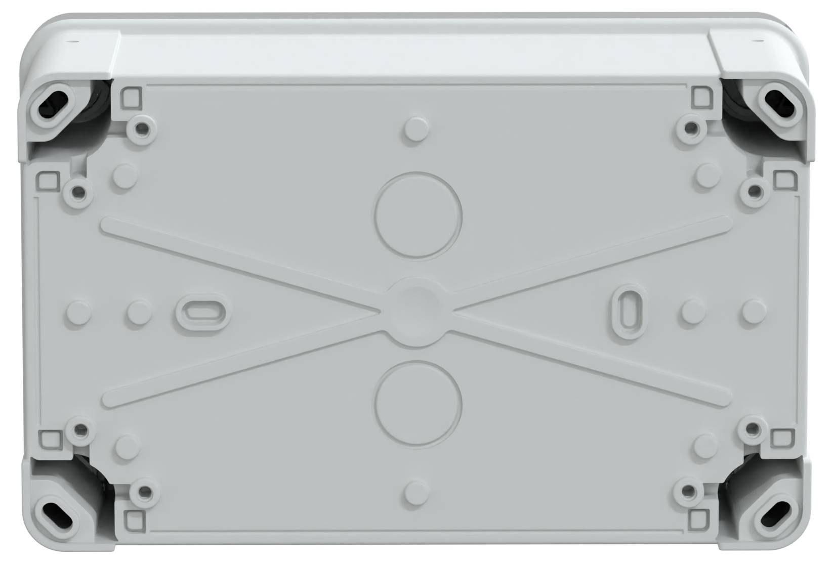 Ein grauer rechteckiger elektronischer Gehäuse mit Befestigungspunkten an jeder Ecke und zwei kreisförmigen Merkmalen in der Mitte.