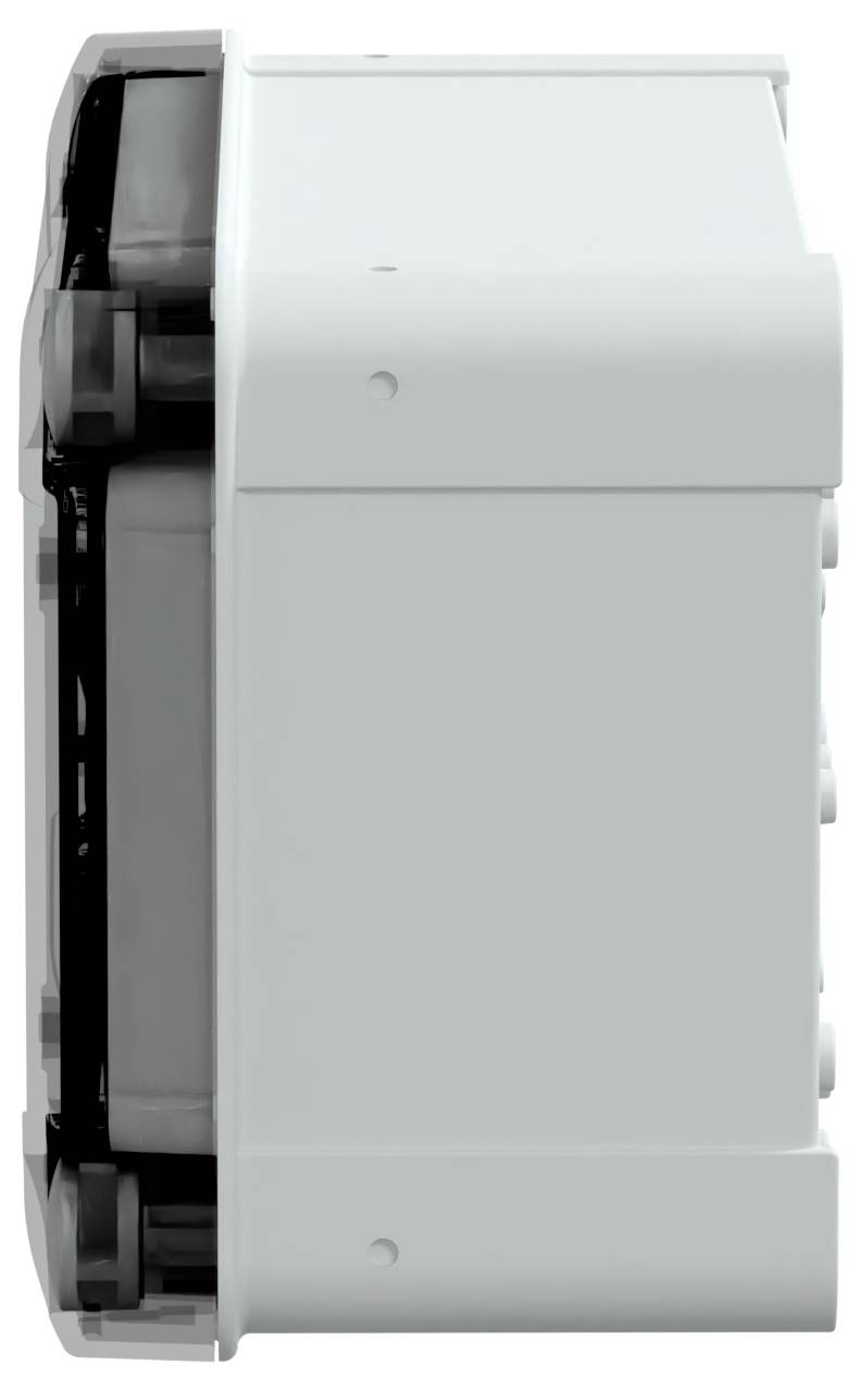 Seitenansicht eines rechteckigen, grauen Industriegehäuses mit sichtbaren Scharnieren und Verriegelungsmechanismen an einer Seite.
