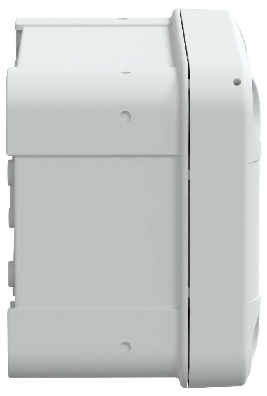 Seitenansicht eines kleinen, rechteckigen, weißen elektronischen Geräts mit glatter Oberfläche und abgerundeten Kanten. Keine sichtbaren Knöpfe oder Beschriftungen.