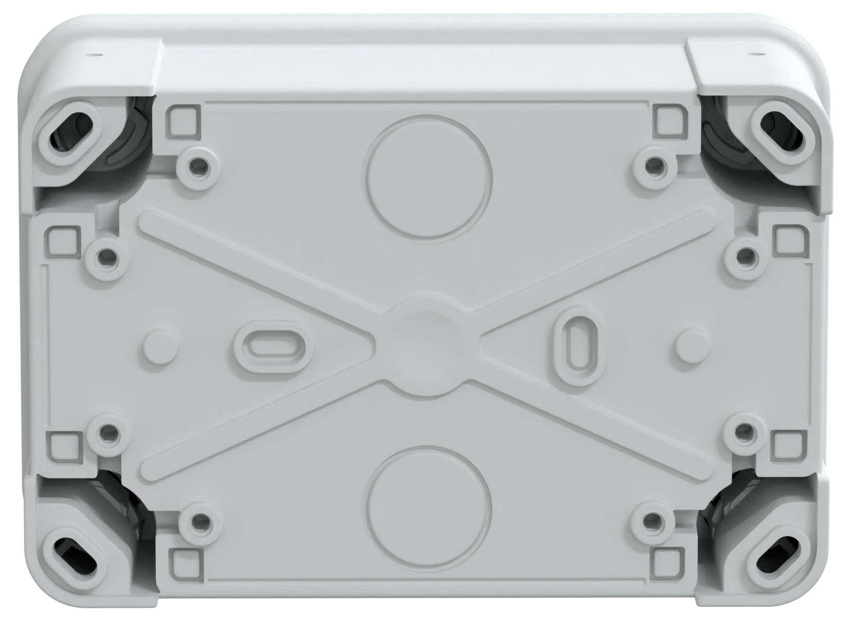 Draufsicht eines grauen, rechteckigen elektrischen Verteilerkastens mit mehreren Schraublöchern, kreisförmigen Vertiefungen und Eckklammern.