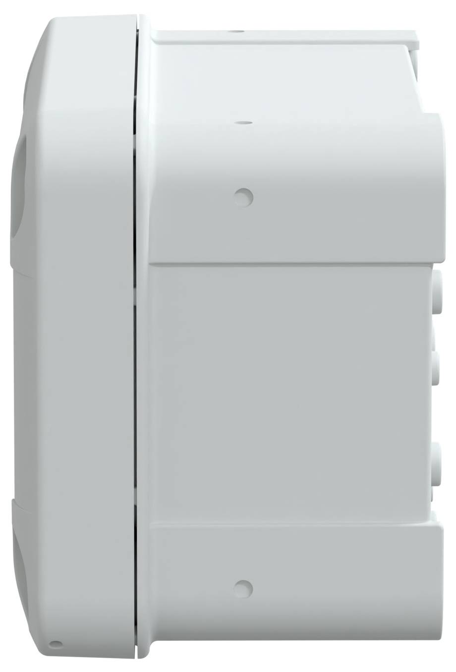 Seitenansicht einer weißen Kunststoff-Elektro-Verteilerdose mit geschlossenem Deckel, Schrauben an der Seite zur Befestigung sichtbar.