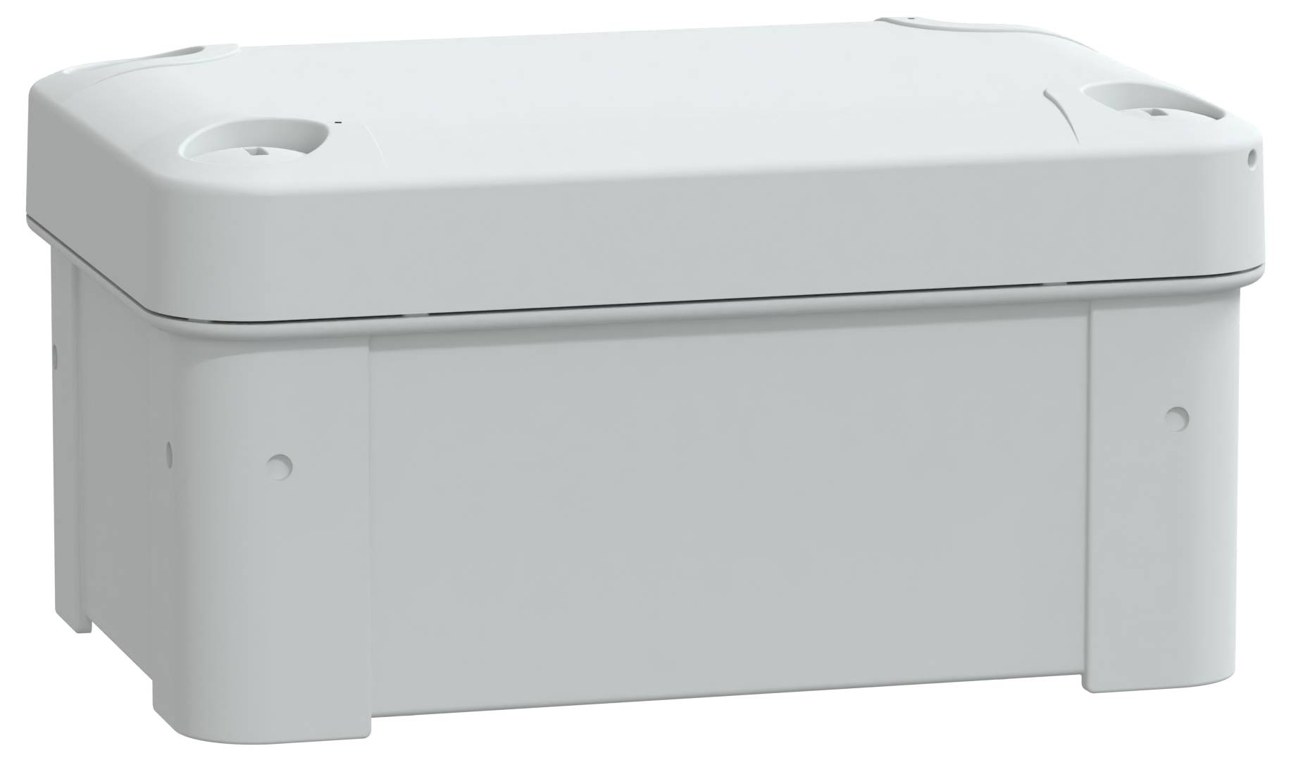 Eine weiße rechteckige Kunststoffgehäuse mit einem Deckel, möglicherweise für elektrische oder elektronische Komponenten, mit einem einfachen Design ohne sichtbare Markierungen.
