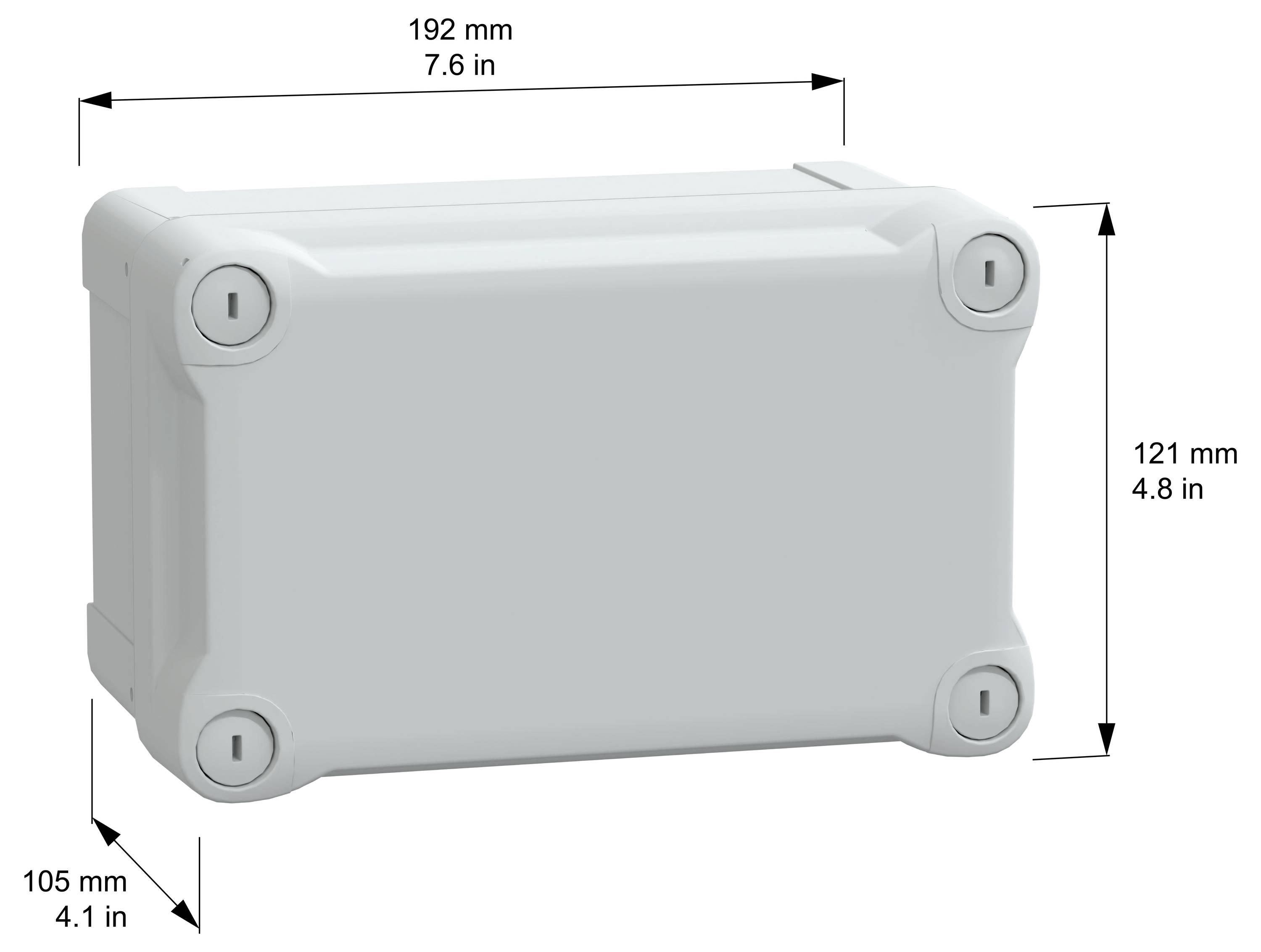 Ein rechteckiger Kasten mit beschrifteten Abmessungen: 192 mm (7,6 Zoll) Breite, 121 mm (4,8 Zoll) Höhe und 105 mm (4,1 Zoll) Tiefe.