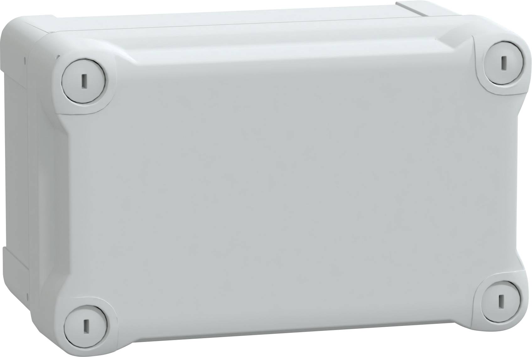 Eine weiße rechteckige elektrische Verteilerdose mit verschraubten Ecken zur Unterbringung und zum Schutz von elektrischen Anschlüssen.