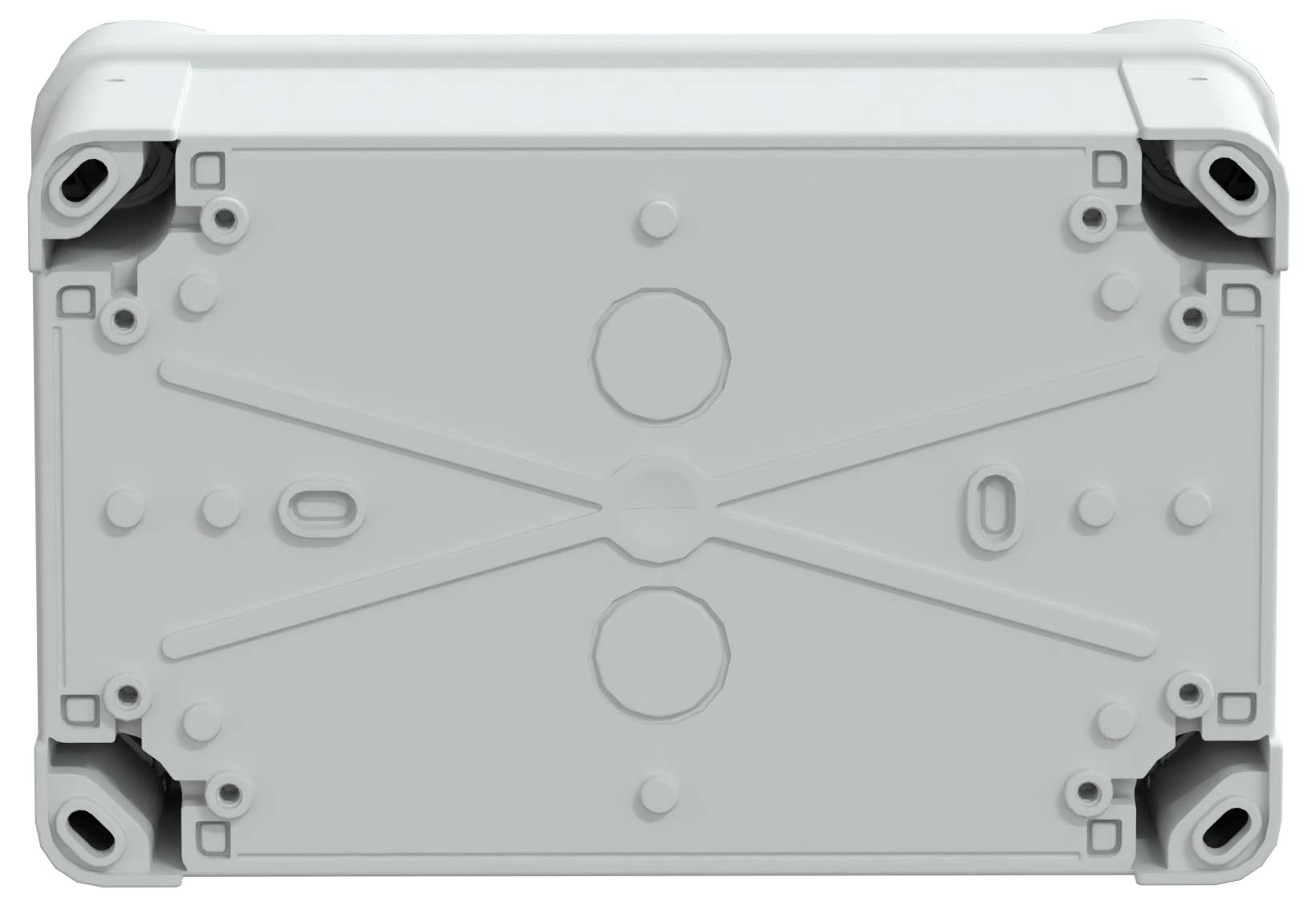 Eine rechteckige weiße elektrische Verteilerdose mit mehreren runden Ausbrechöffnungen, vier Befestigungslöchern an den Ecken und Verstärkungslinien.