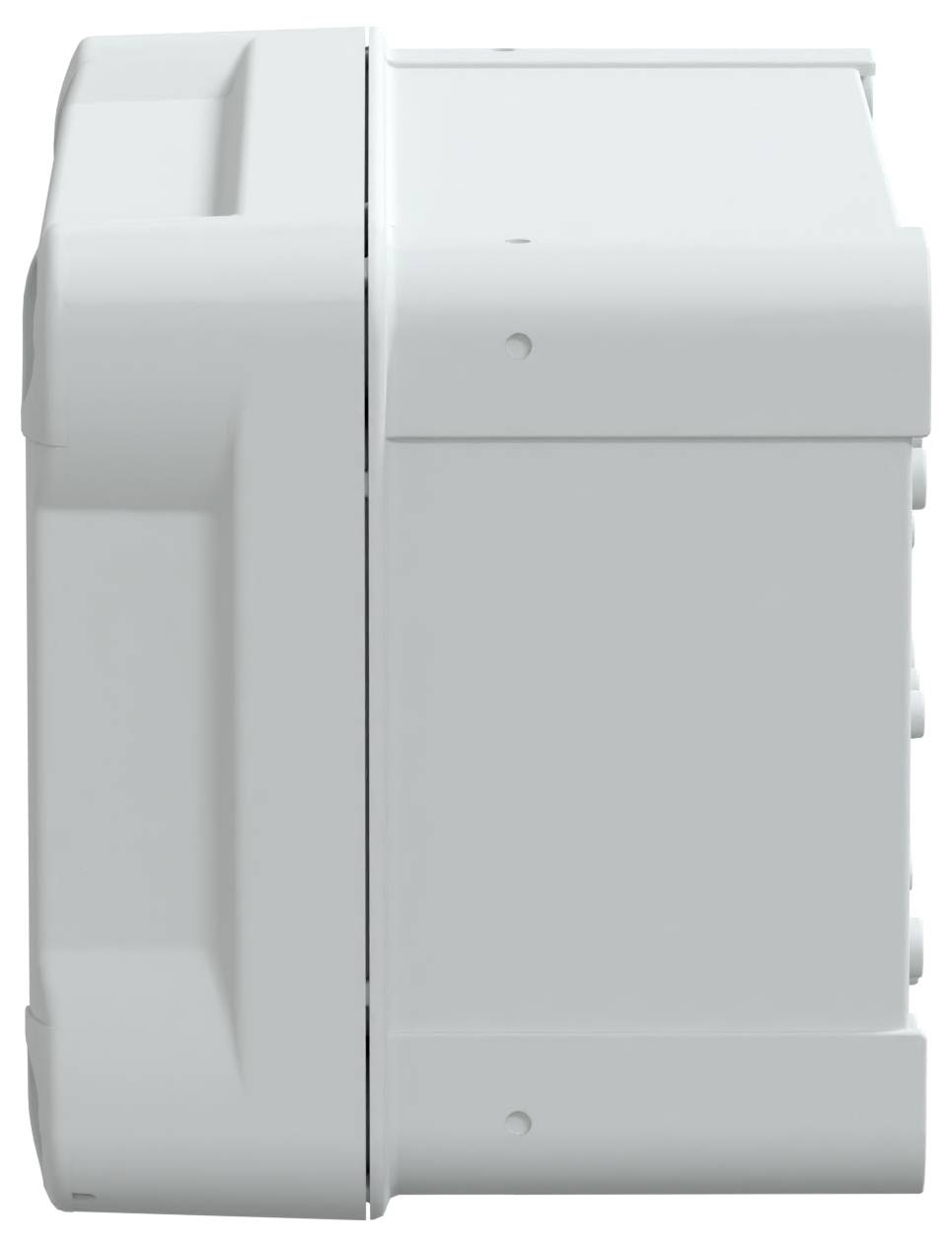 Seitenansicht eines grauen, rechteckigen elektronischen Geräts mit leicht gerippter Oberfläche und sichtbaren Befestigungselementen.