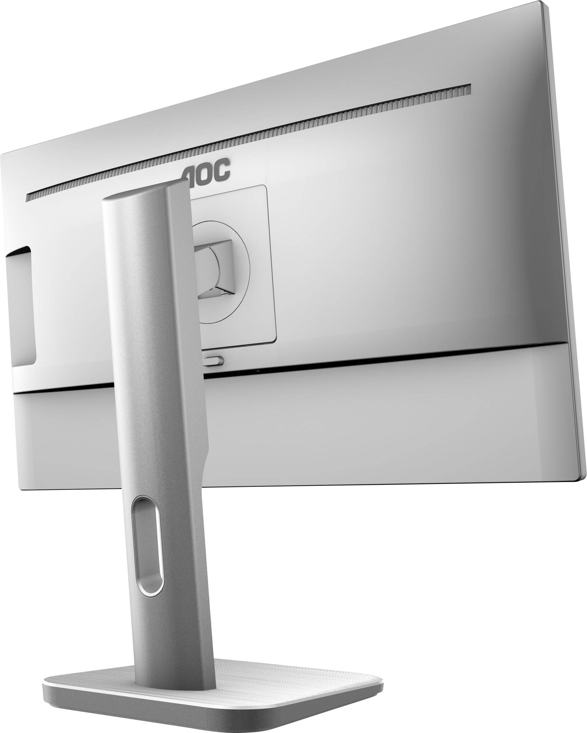 Ein Computerbildschirm von hinten, silberfarbener Standfuß, minimalistisch und modern gestaltet.