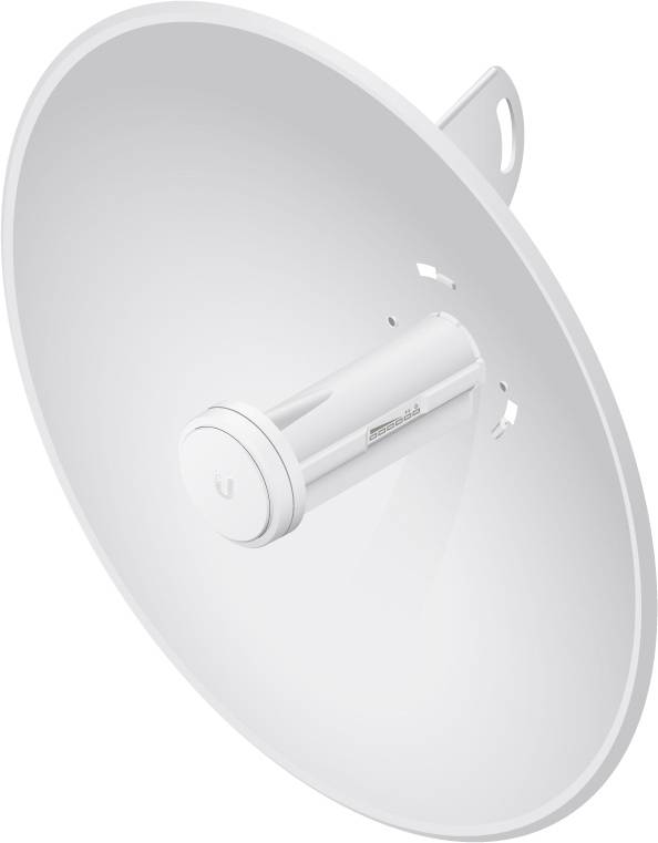 Eine weiße Parabolantenne mit zylindrischem Zentrum, montierbar, dient der drahtlosen Kommunikation über große Distanzen.