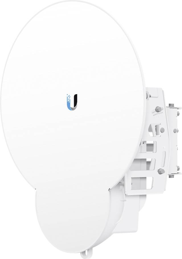 Parabolantenne in weißer Farbe, montiert an einer Halterung, geeignet für drahtlose Kommunikationsanwendungen.