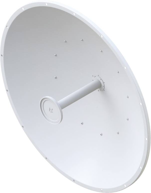 Eine weiße Parabolantenne mit einem zylindrischen Stab in der Mitte, wahrscheinlich für Satellitenkommunikation oder Funkempfang.