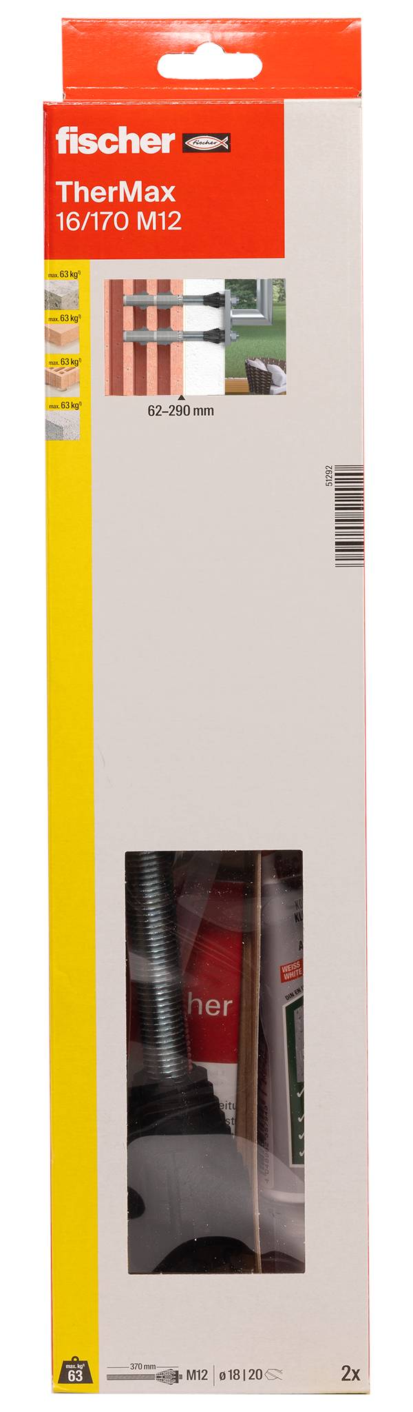Verpackung für fischer TherMax 16/170 M12 Wandbefestigungsanker mit Produktfenster und Größenbereich 62-290 mm, 2 Stück.