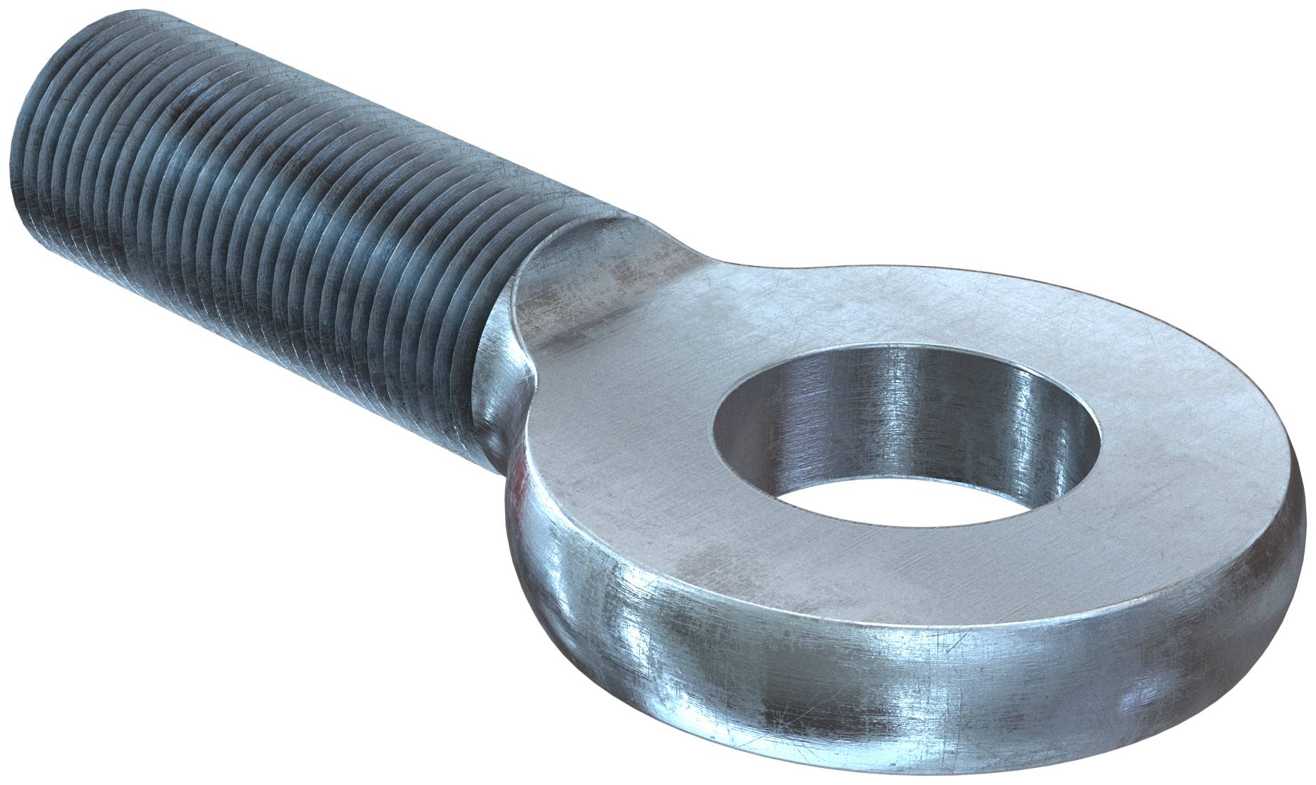 Metallösebolzen mit gewindeförmigem Schaft und großer Kreisschleife zum Heben oder Sichern von Lasten auf weißem Hintergrund.