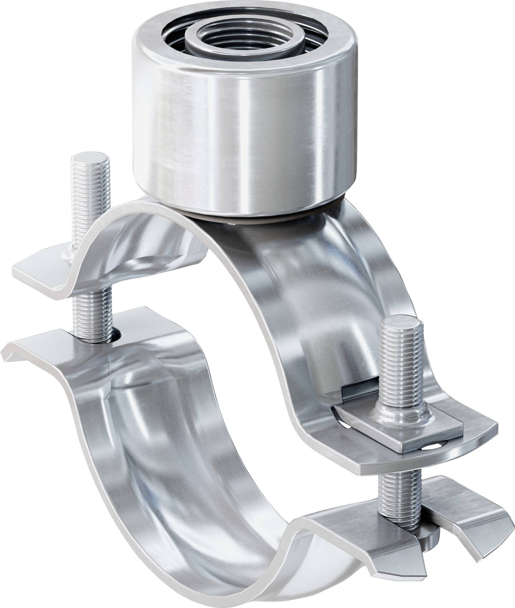 Metallrohrschelle mit Gewindebefestigern, die einen zylindrischen Fitting auf einer glänzenden, gekrümmten Halterung halten.
